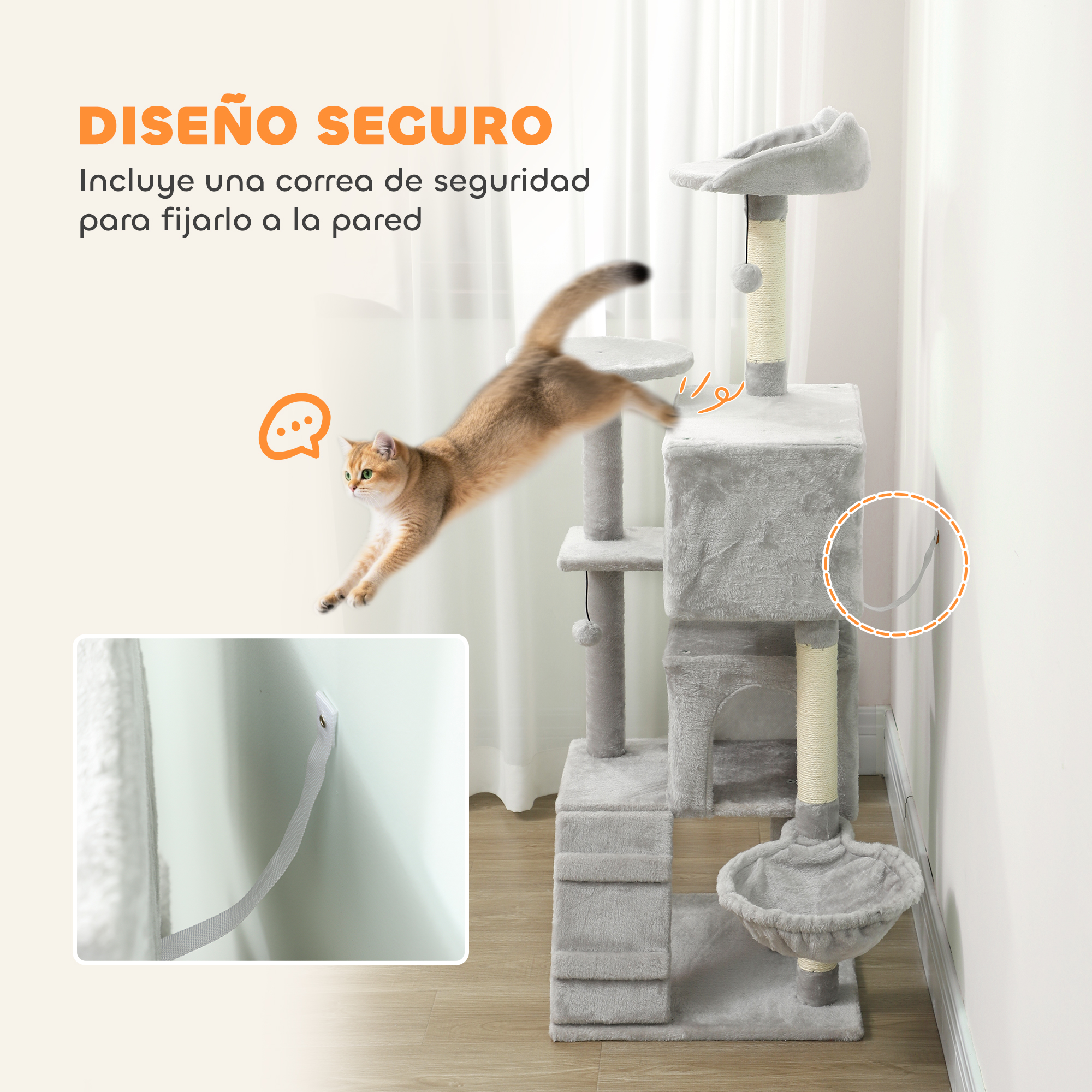 Un gato salta sobre un árbol para gatos gris con hamaca, juguetes y postes rascadores.