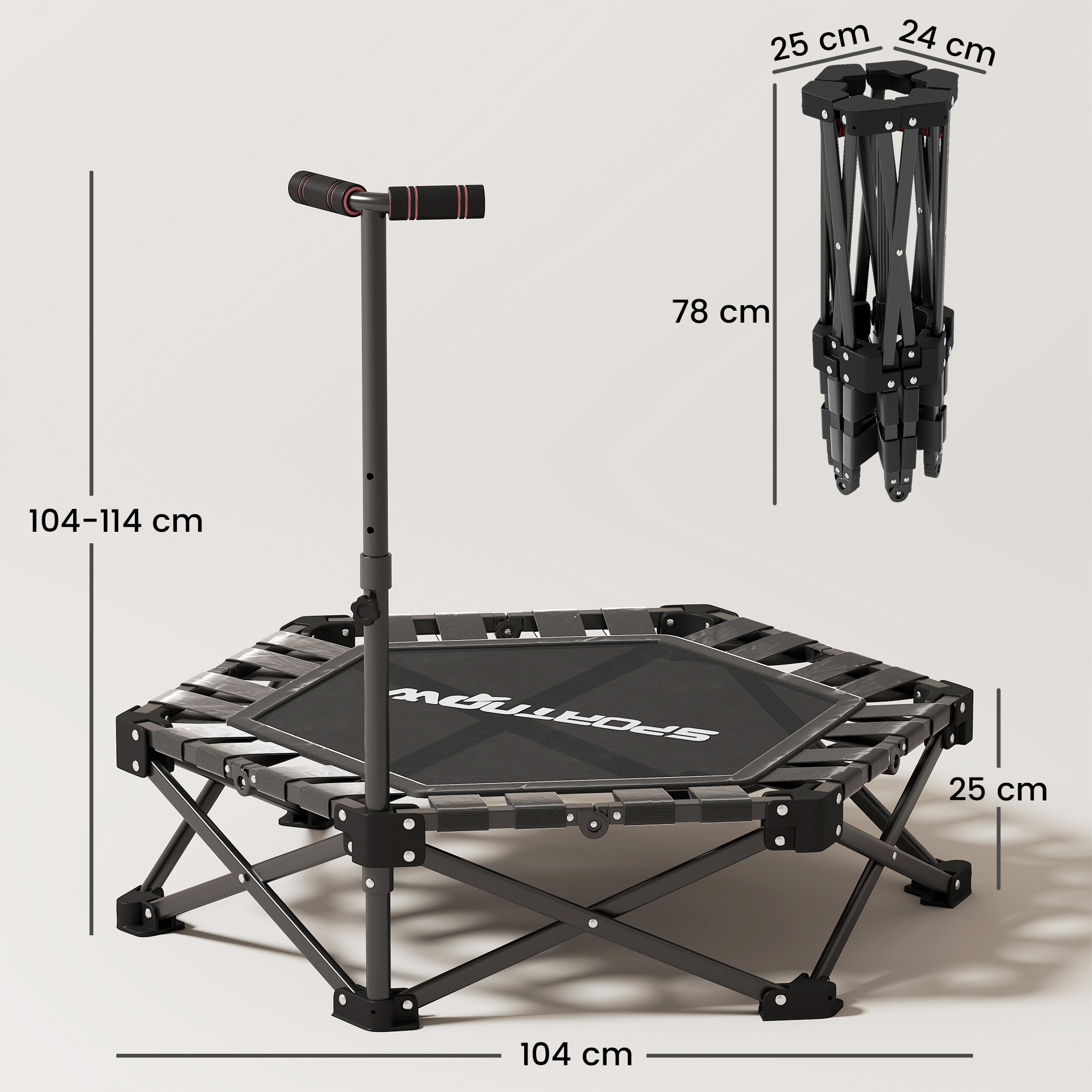 Trampolín negro con asa, 104 cm de ancho, 25 cm de alto.