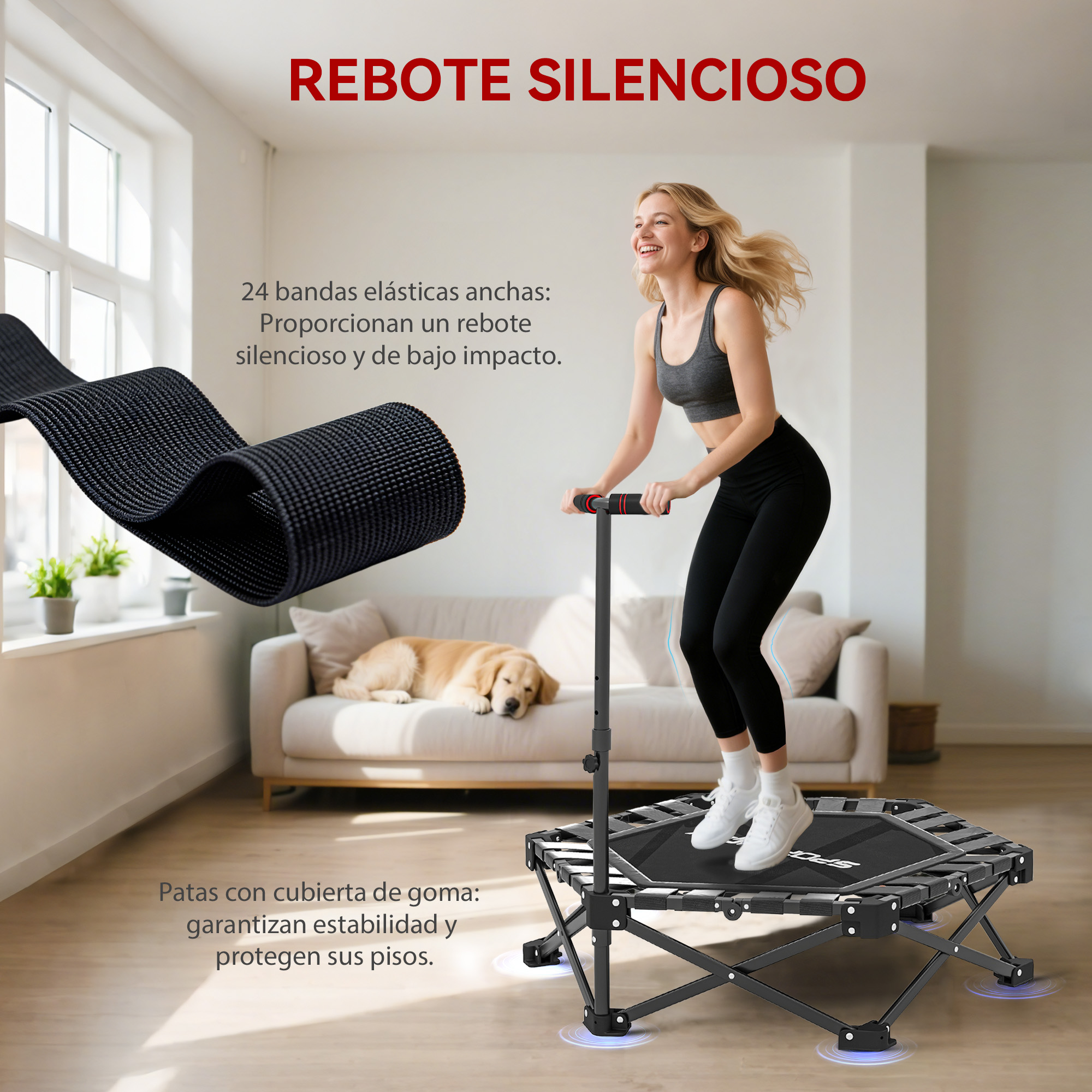 Una mujer salta en un trampolín negro en una sala de estar, un perro duerme en un sofá al fondo.