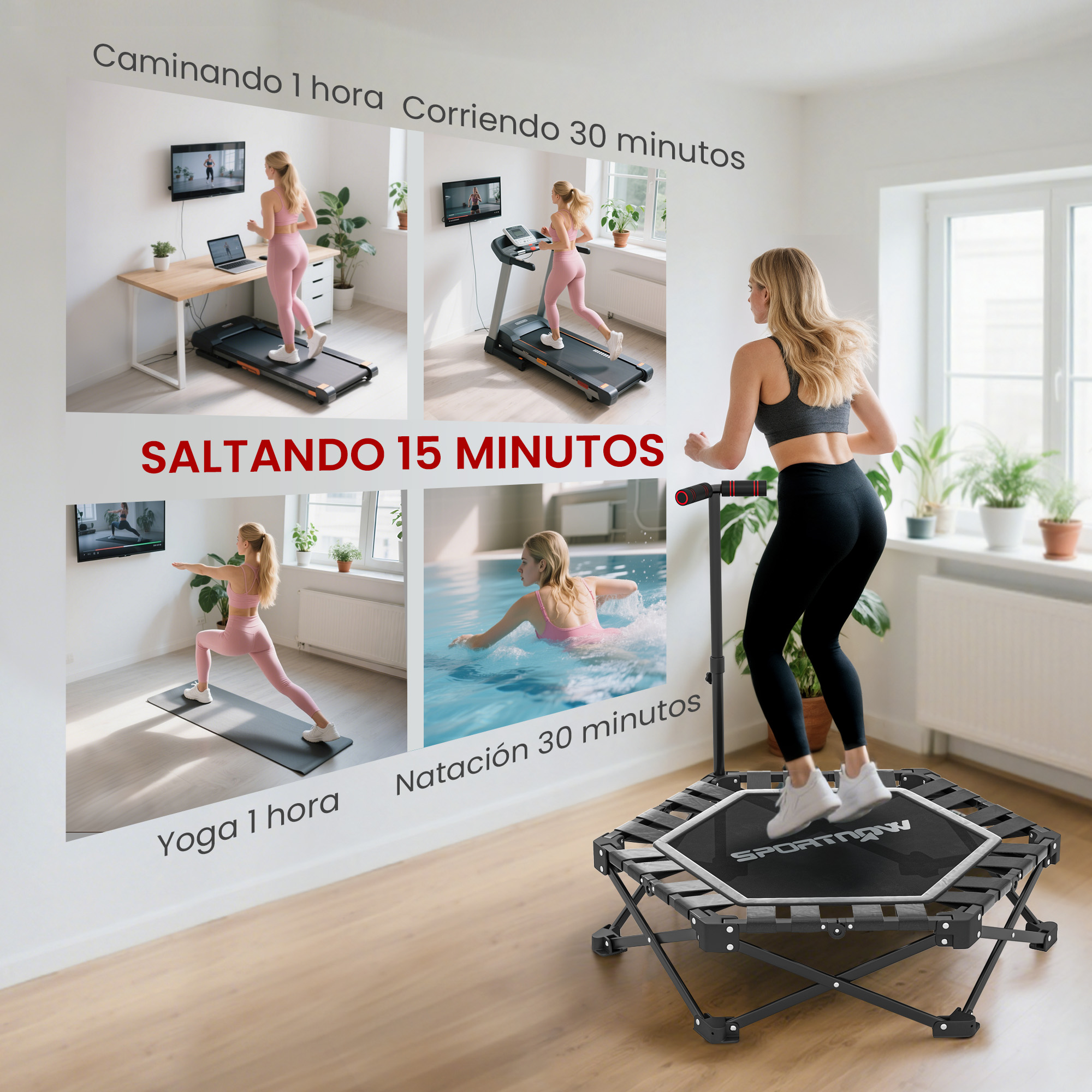 Mujer en trampolín rodeada de imágenes de varios ejercicios.