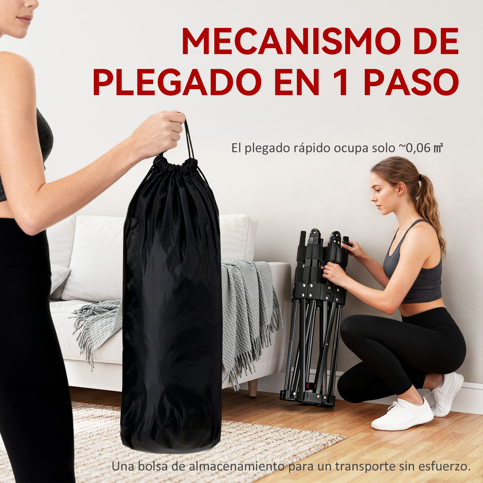 Una mujer sujeta una bolsa negra mientras otra monta una estructura plegada.