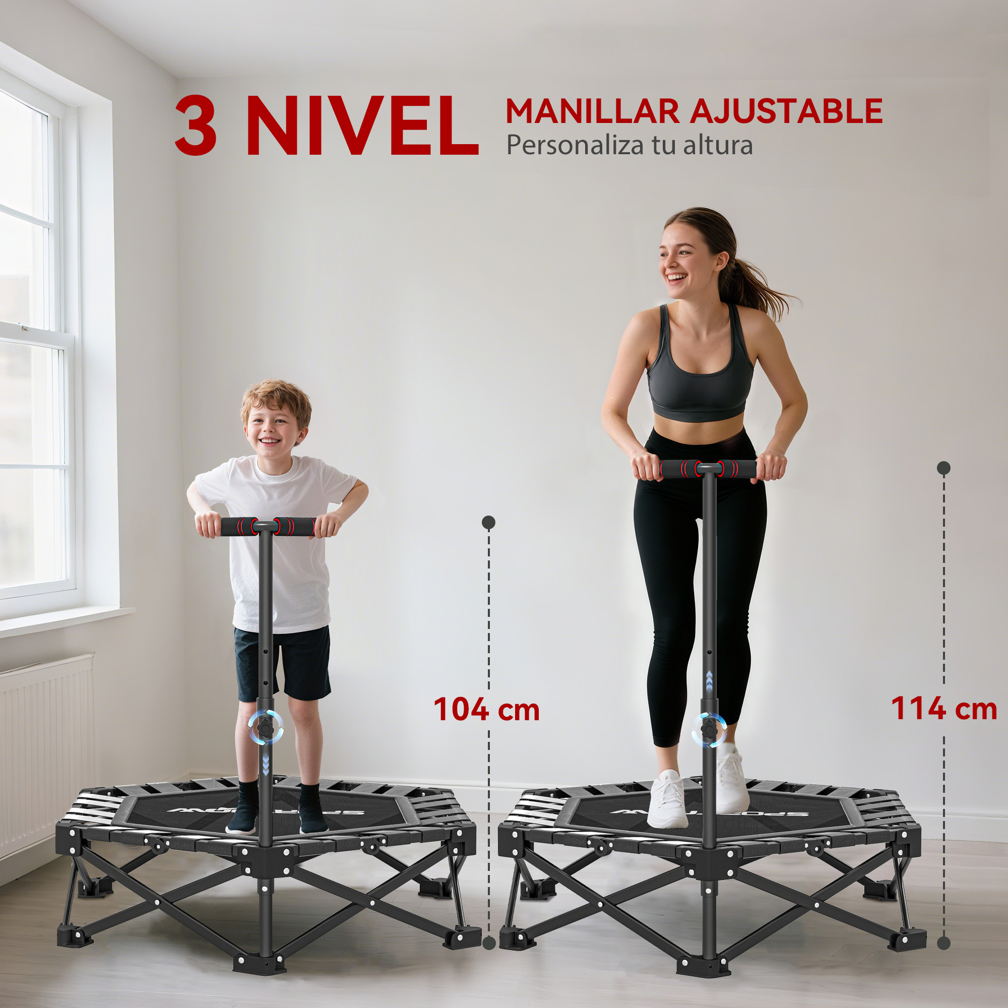 Niño y mujer en trampolines. Asas ajustables muestran alturas de 104cm y 114cm.