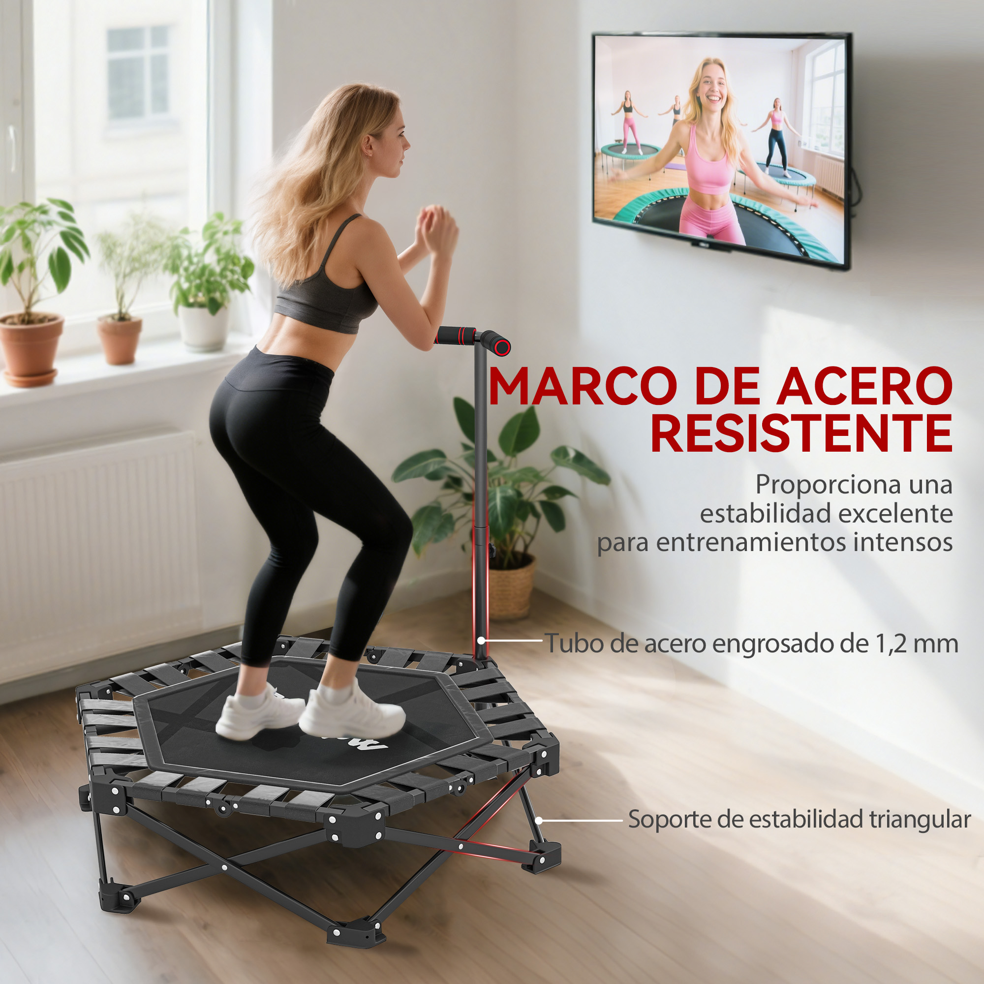 Mujer saltando en trampolín, video de ejercicio en pantalla.