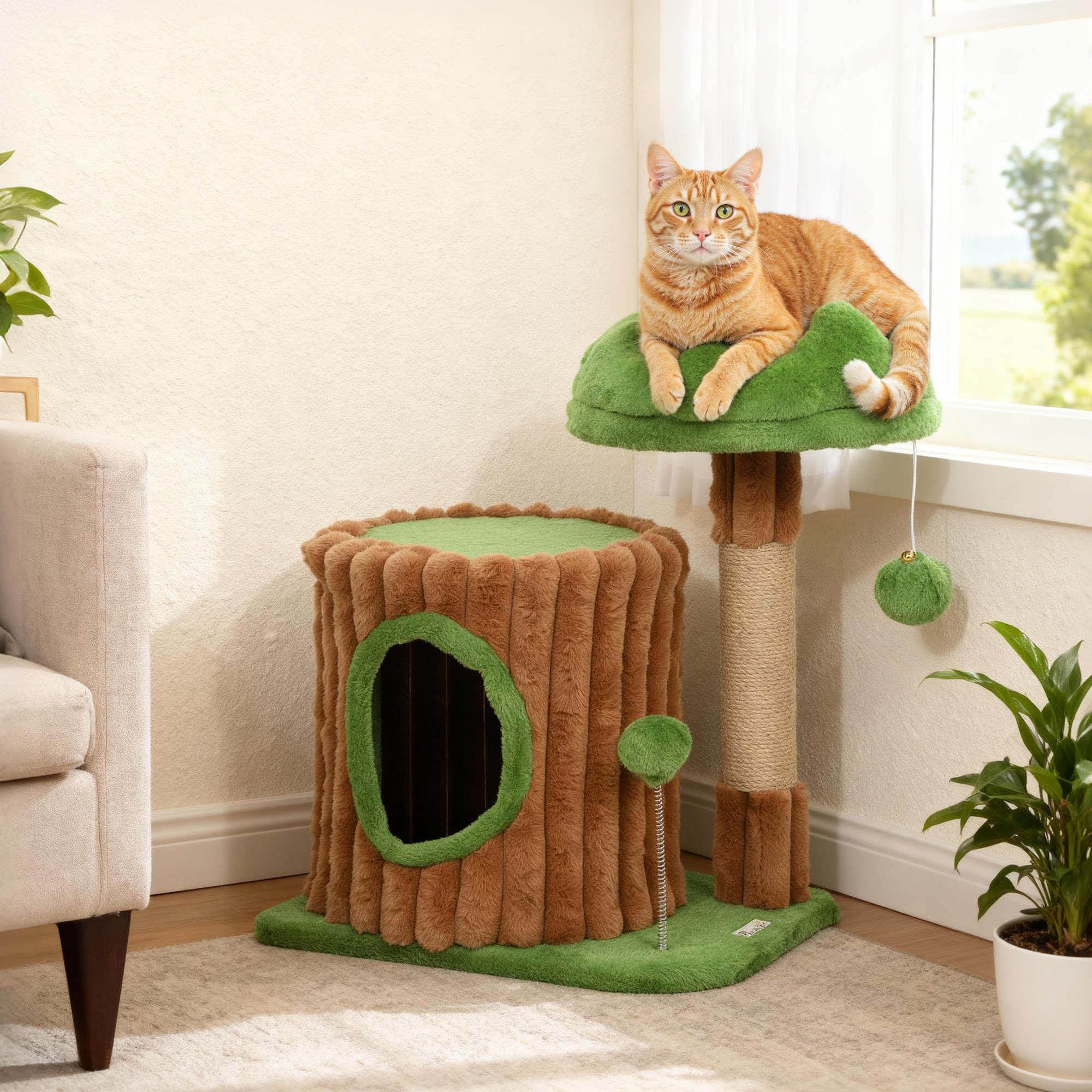 Gato naranja en árbol rascador verde con diseño de tocón, junto a ventana.