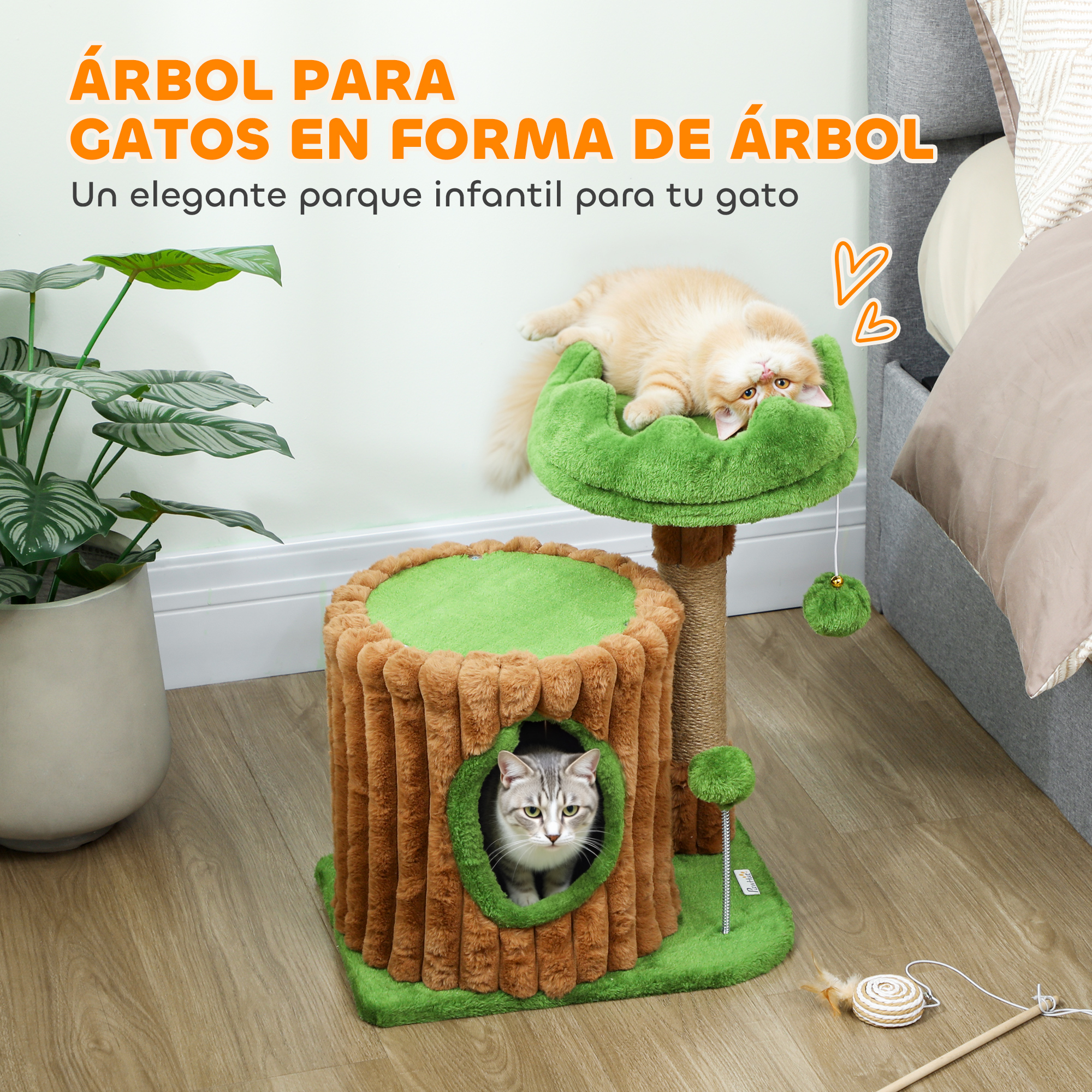 Un árbol para gatos con dos gatos. Un gatito descansa arriba, otro dentro.