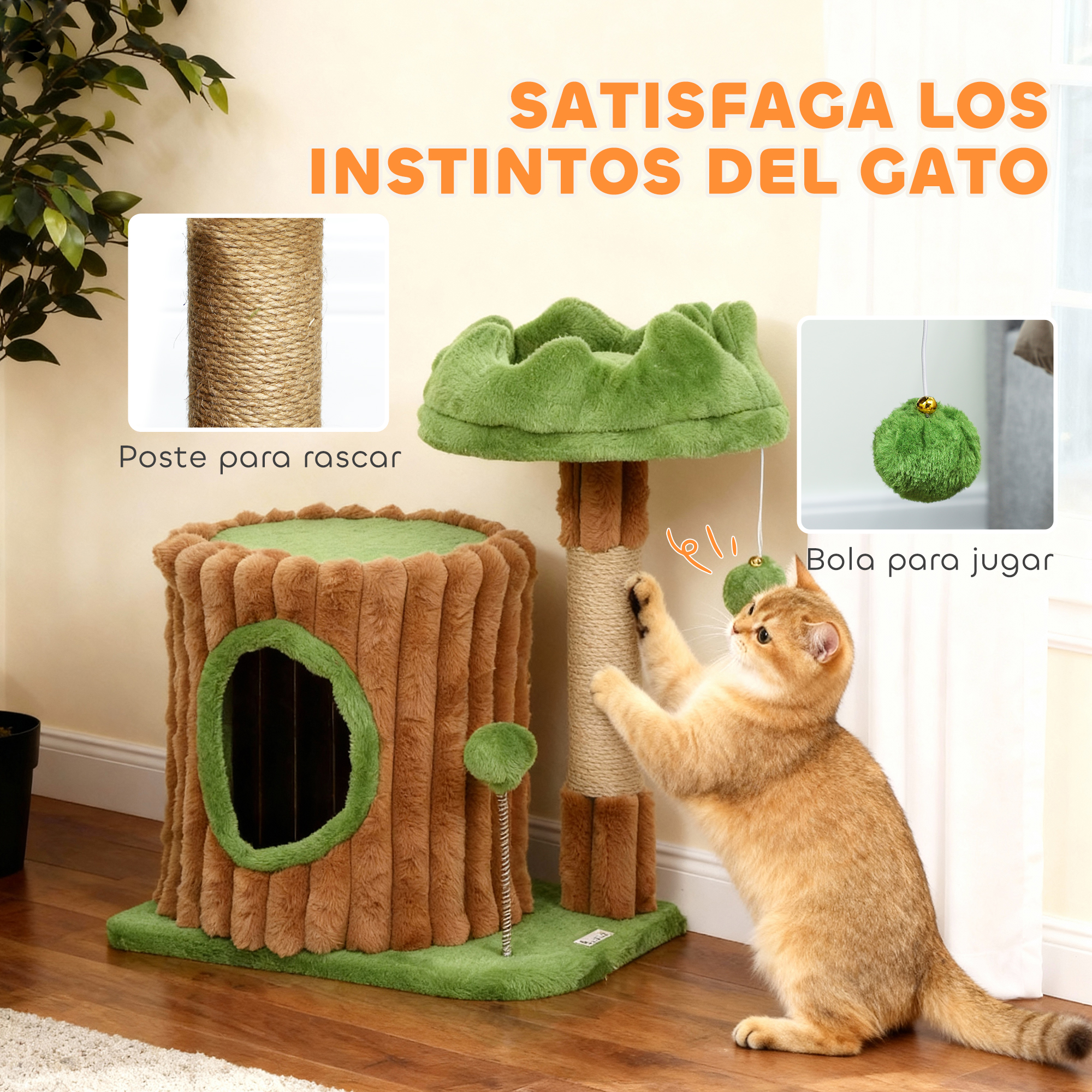 Un gato dorado juega con un rascador con forma de tronco de árbol y acentos verdes.