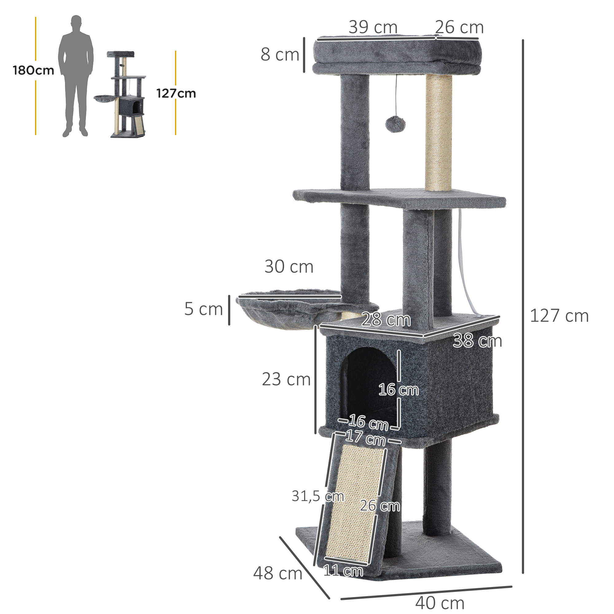 Árbol rascador gris de varios niveles con hamaca, poste rascador y juguete. Se muestran dimensiones.
