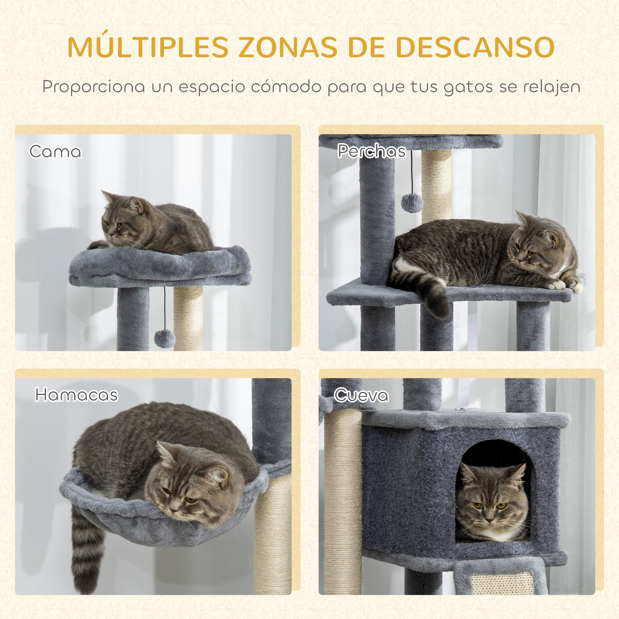 Un gato atigrado gris descansa en un rascador de varios niveles.
