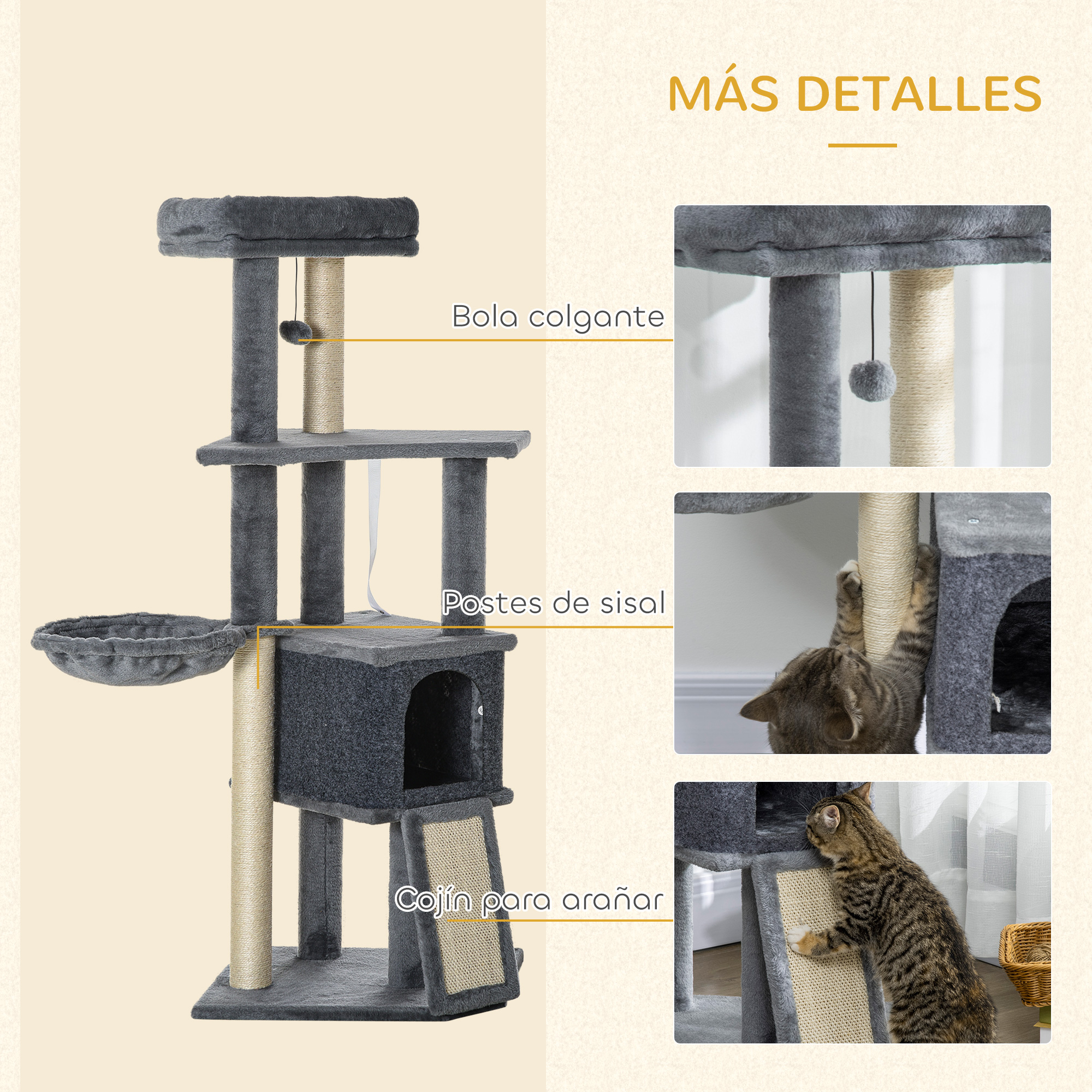 Árbol rascador gris con hamaca, escondite y postes de sisal.