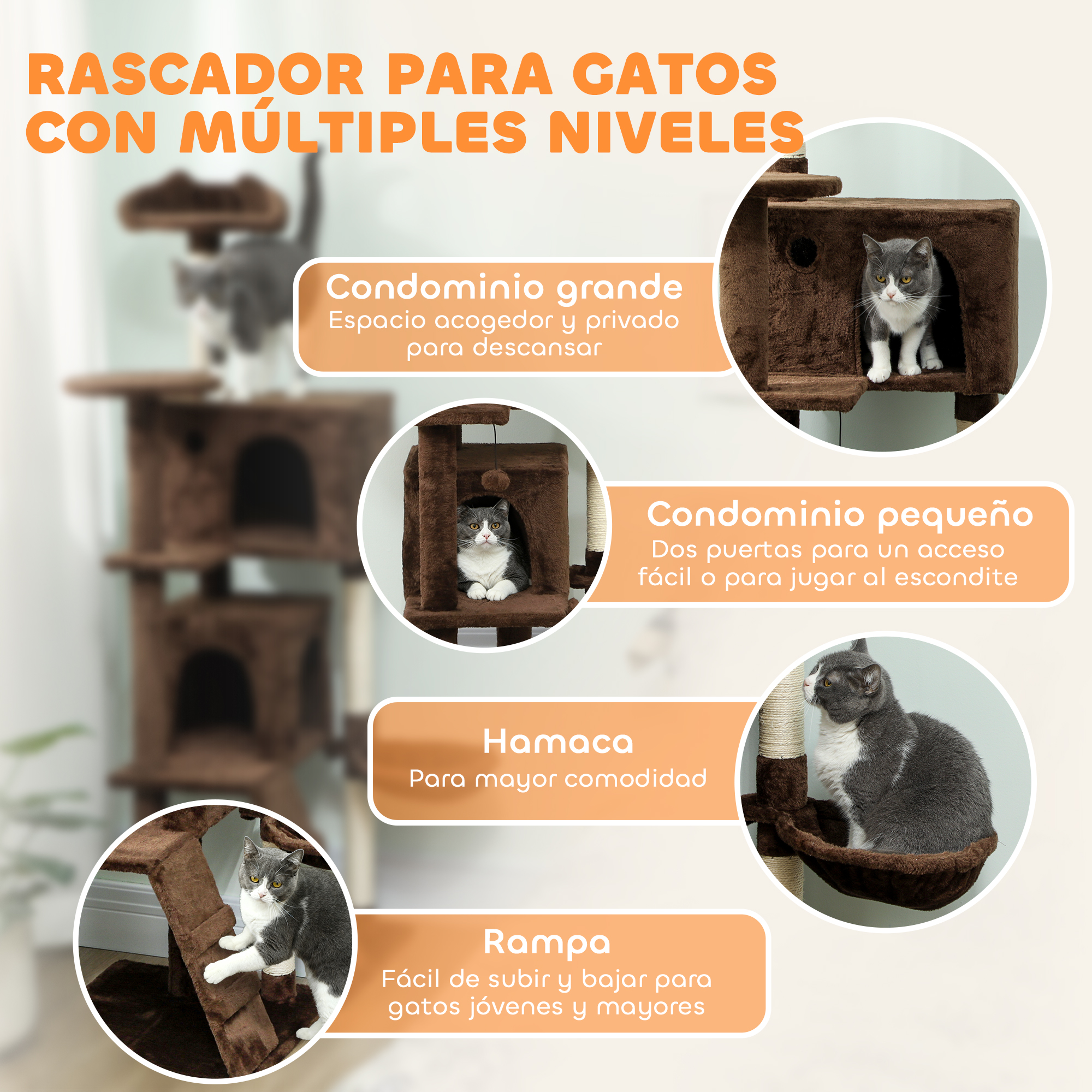 Árbol rascador multinivel con gatos en diferentes secciones: condominio, hamaca y rampa.