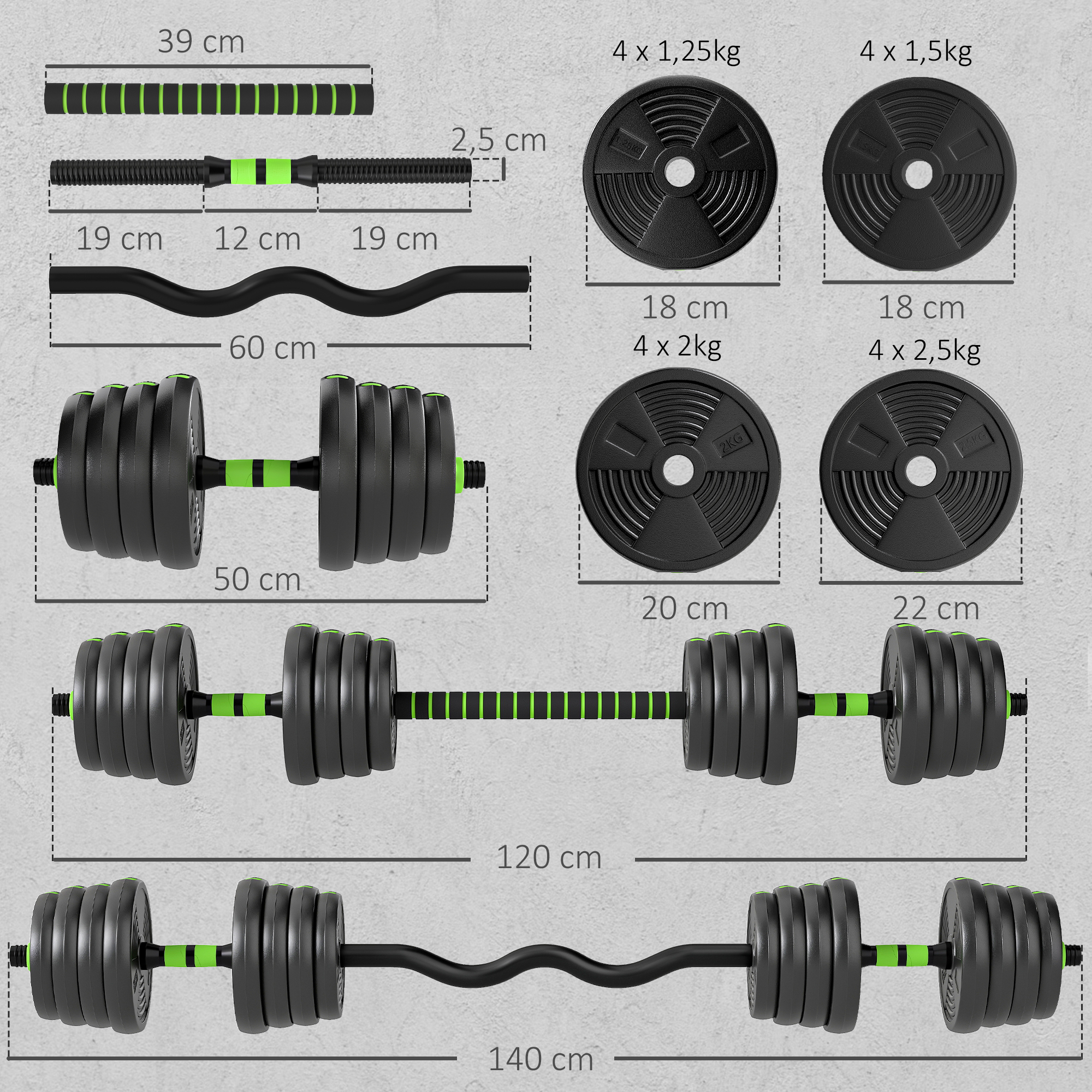 Un juego de mancuernas y discos de pesas con dimensiones.