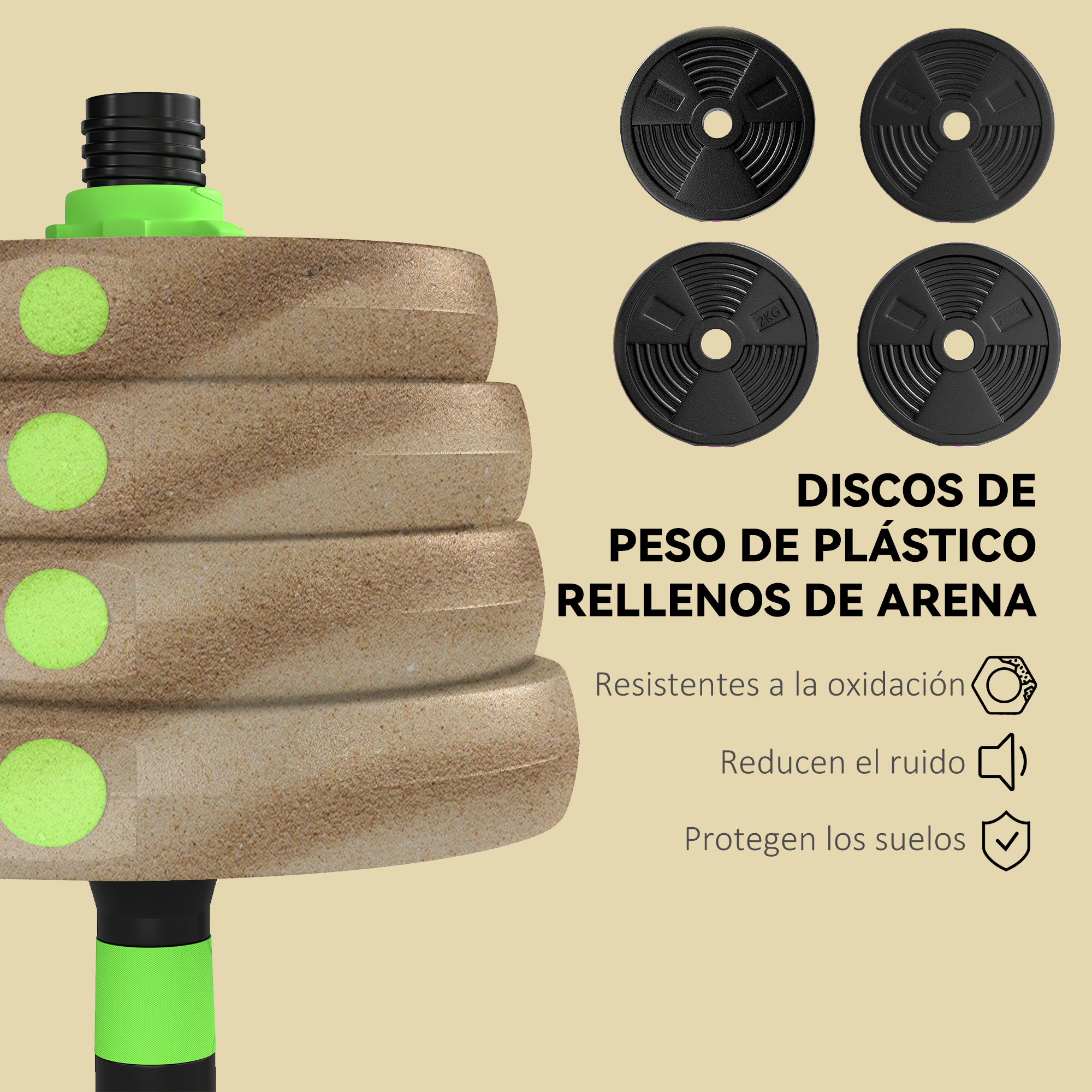 Discos de peso de plástico rellenos de arena, con detalles verdes.