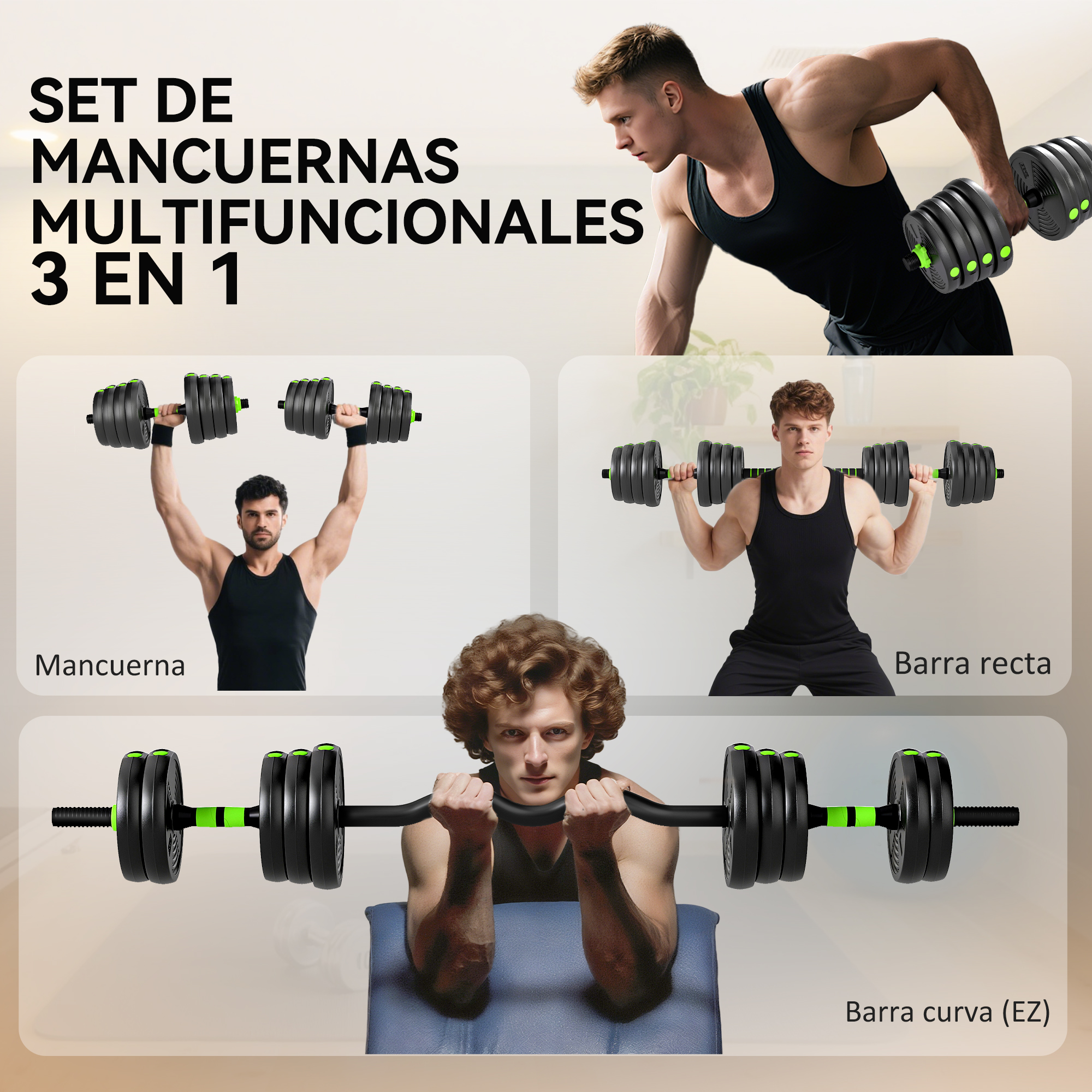 Set de fitness con mancuernas, barra recta y barra EZ.