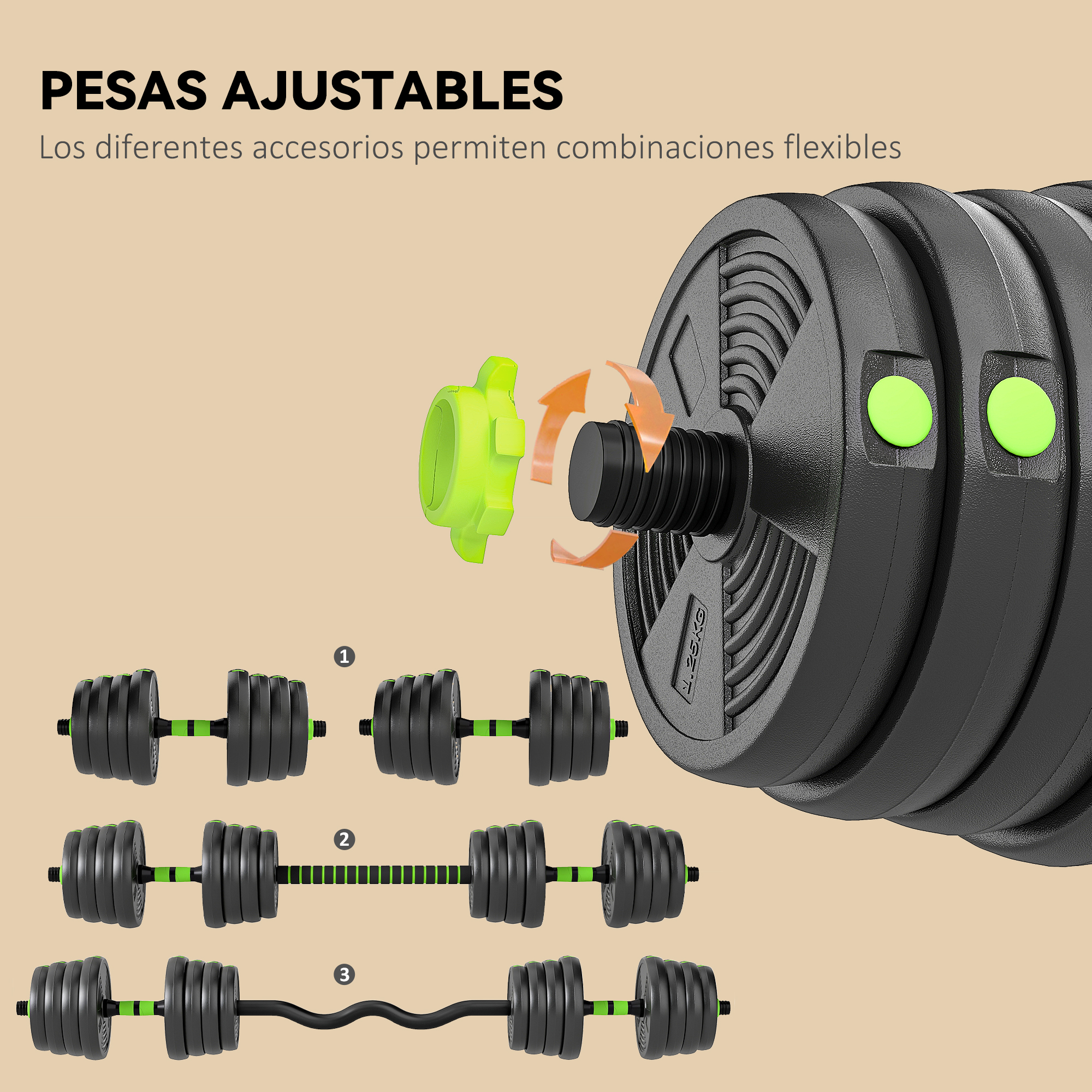Mancuernas ajustables: Varios accesorios permiten combinaciones flexibles.