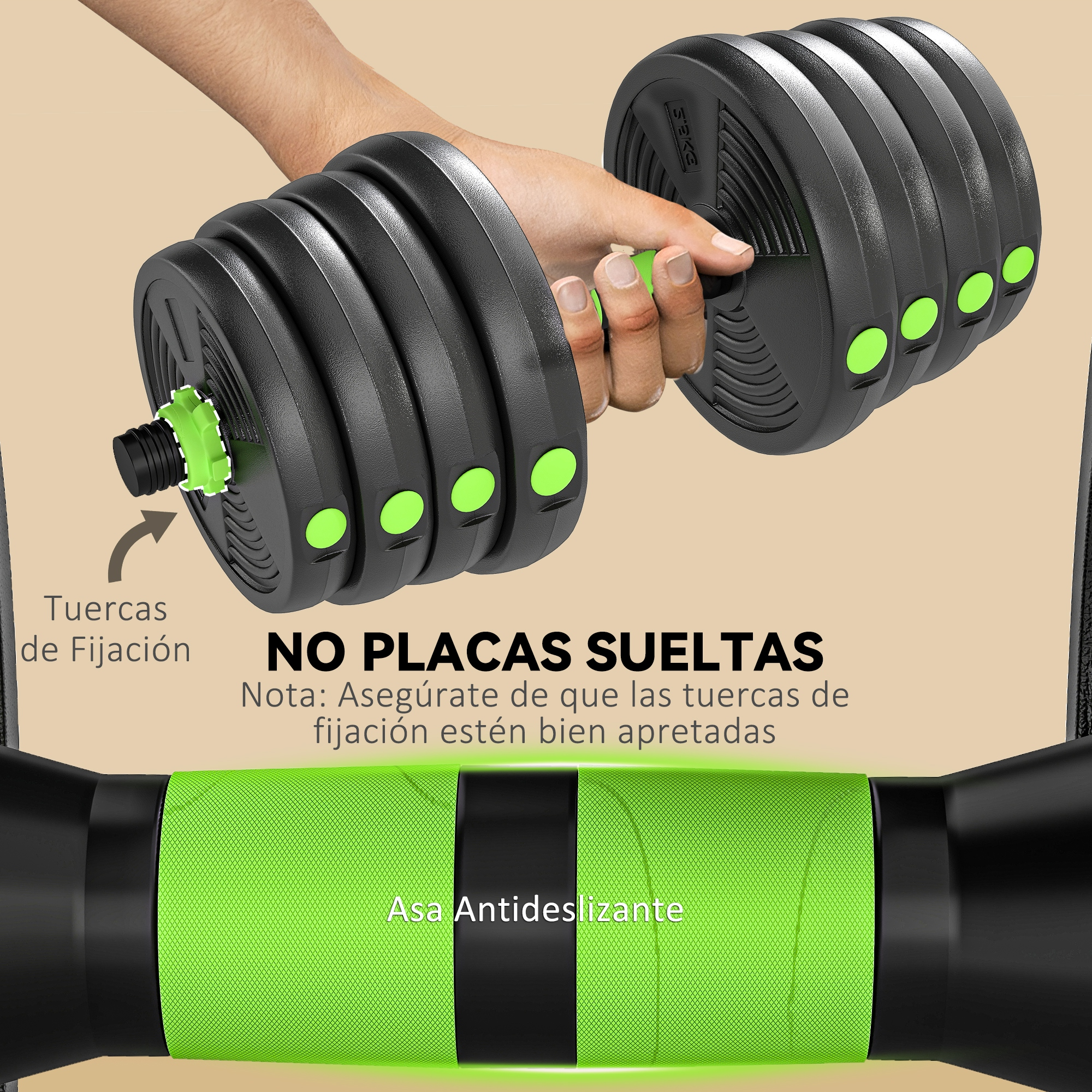 Mano sujetando mancuerna negra con pesas verdes y tuerca de seguridad. Agarre verde.