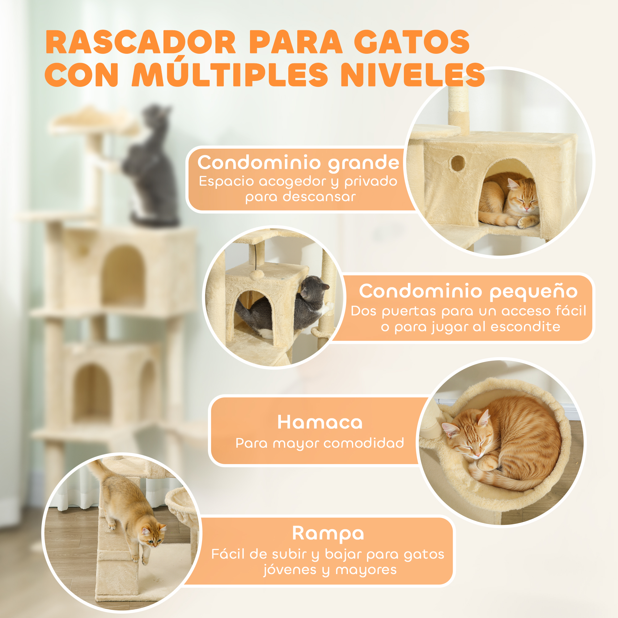 Árbol rascador multinivel con gatos en áreas como hamaca y rampas.
