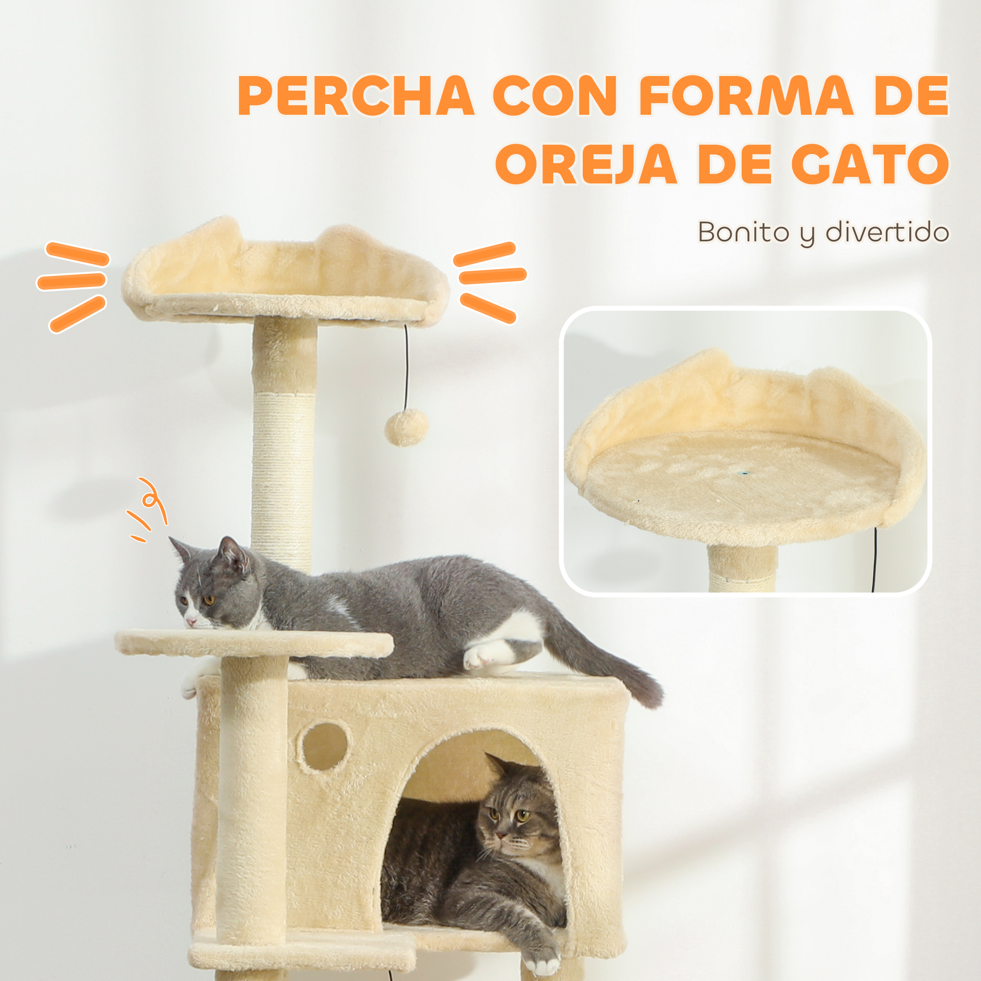 Un árbol rascador beige con dos gatos. Uno está arriba, el otro en una cueva.
