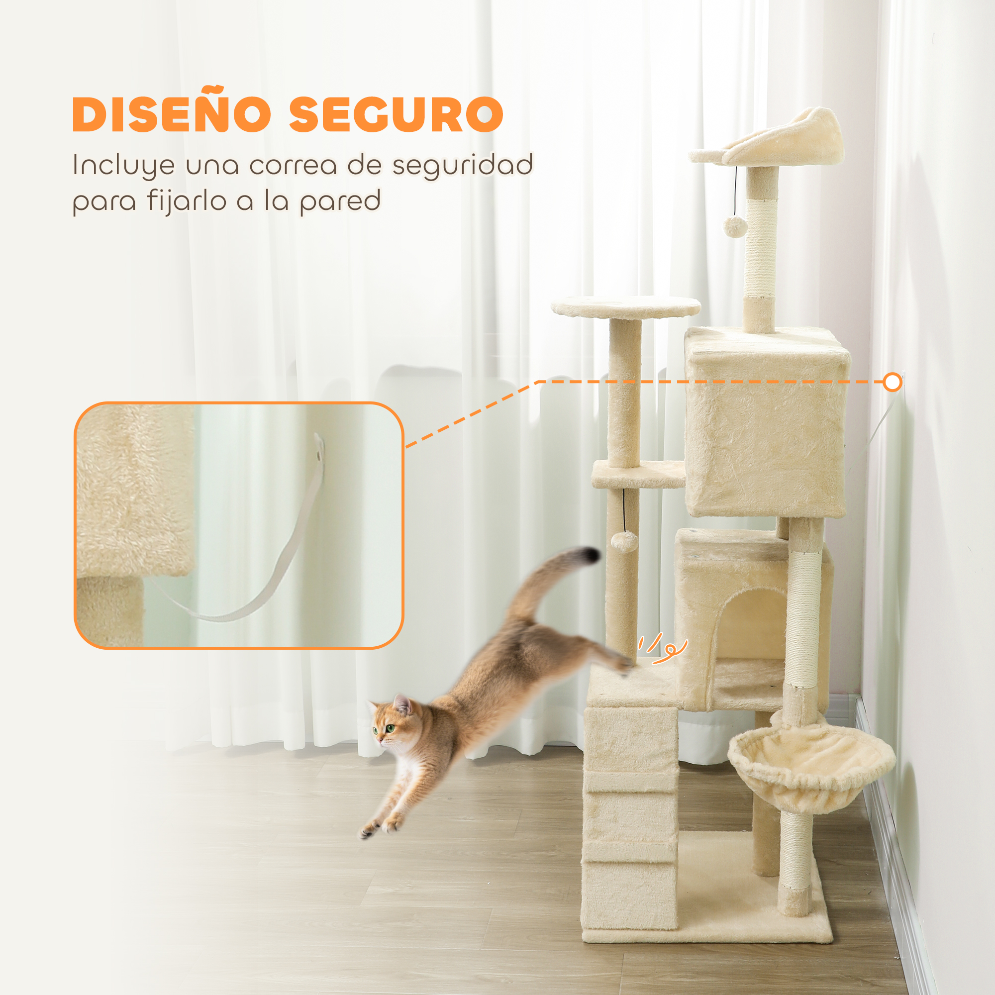 Un gato dorado salta sobre un rascador beige. Se ve una correa de seguridad.