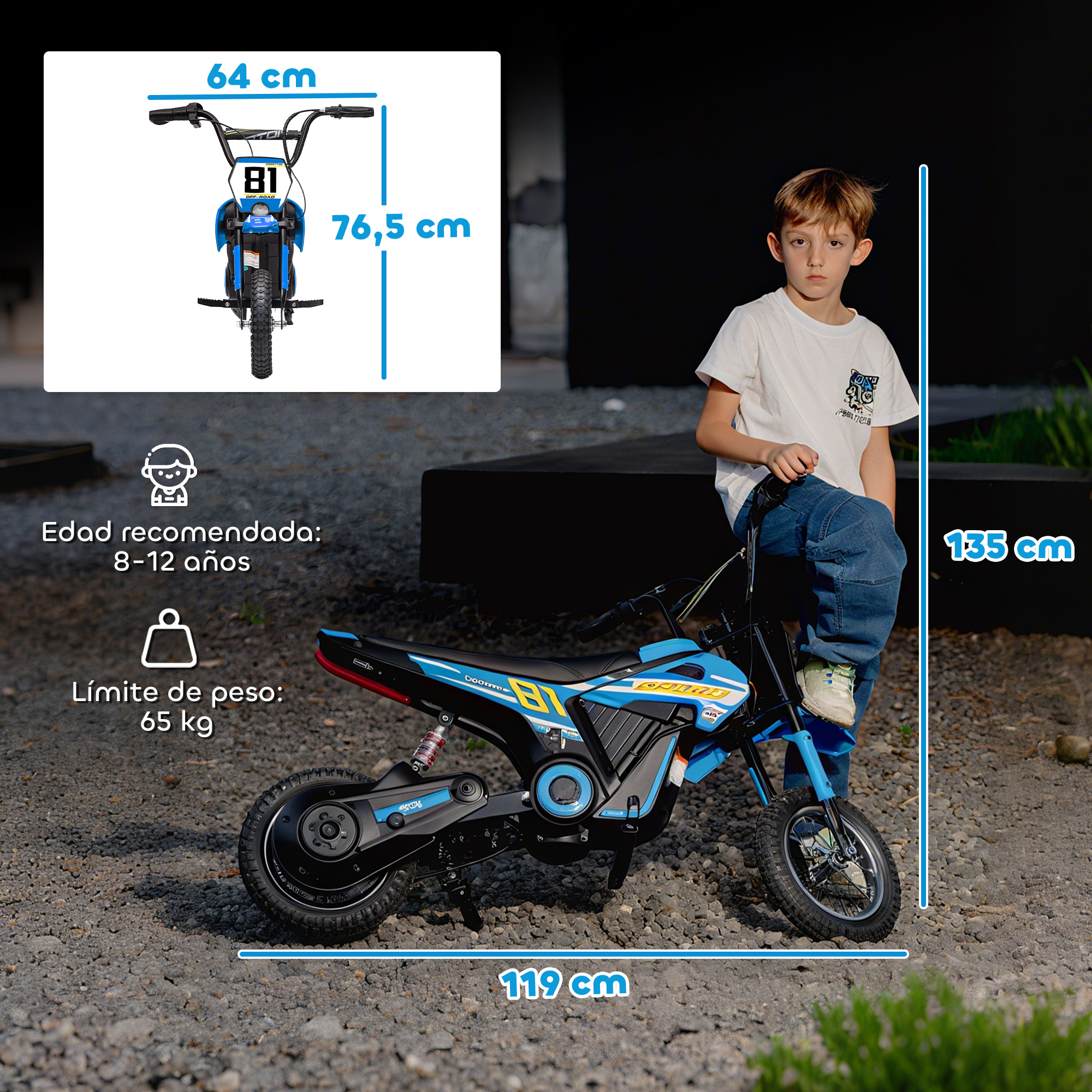 Un niño junto a una moto eléctrica azul de 119x76,5x64 cm.