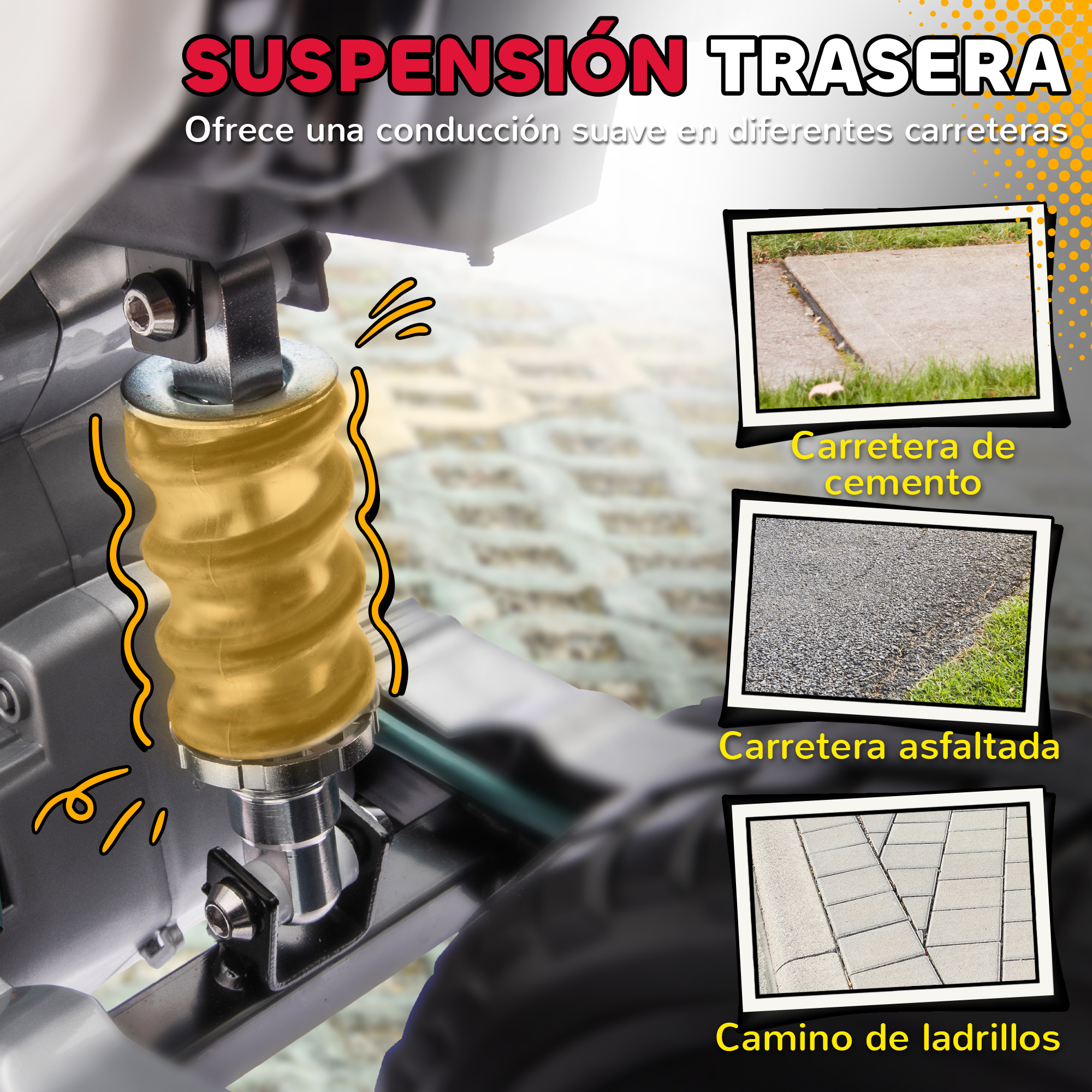 Suspensión trasera con resorte amarillo e imágenes de carreteras.