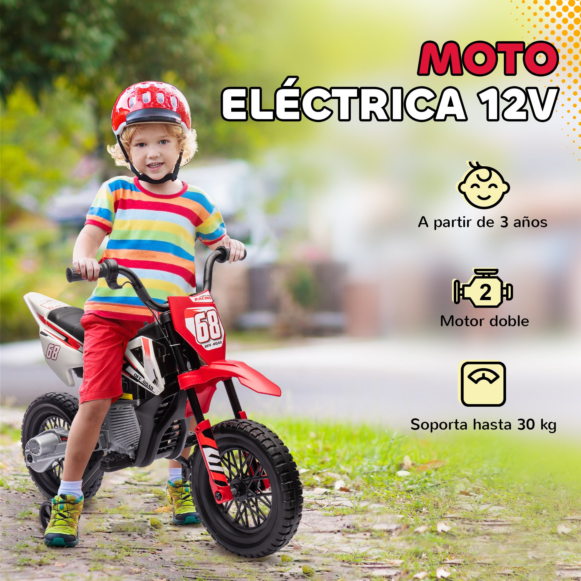Un niño con camiseta colorida y casco rojo monta una moto eléctrica roja.