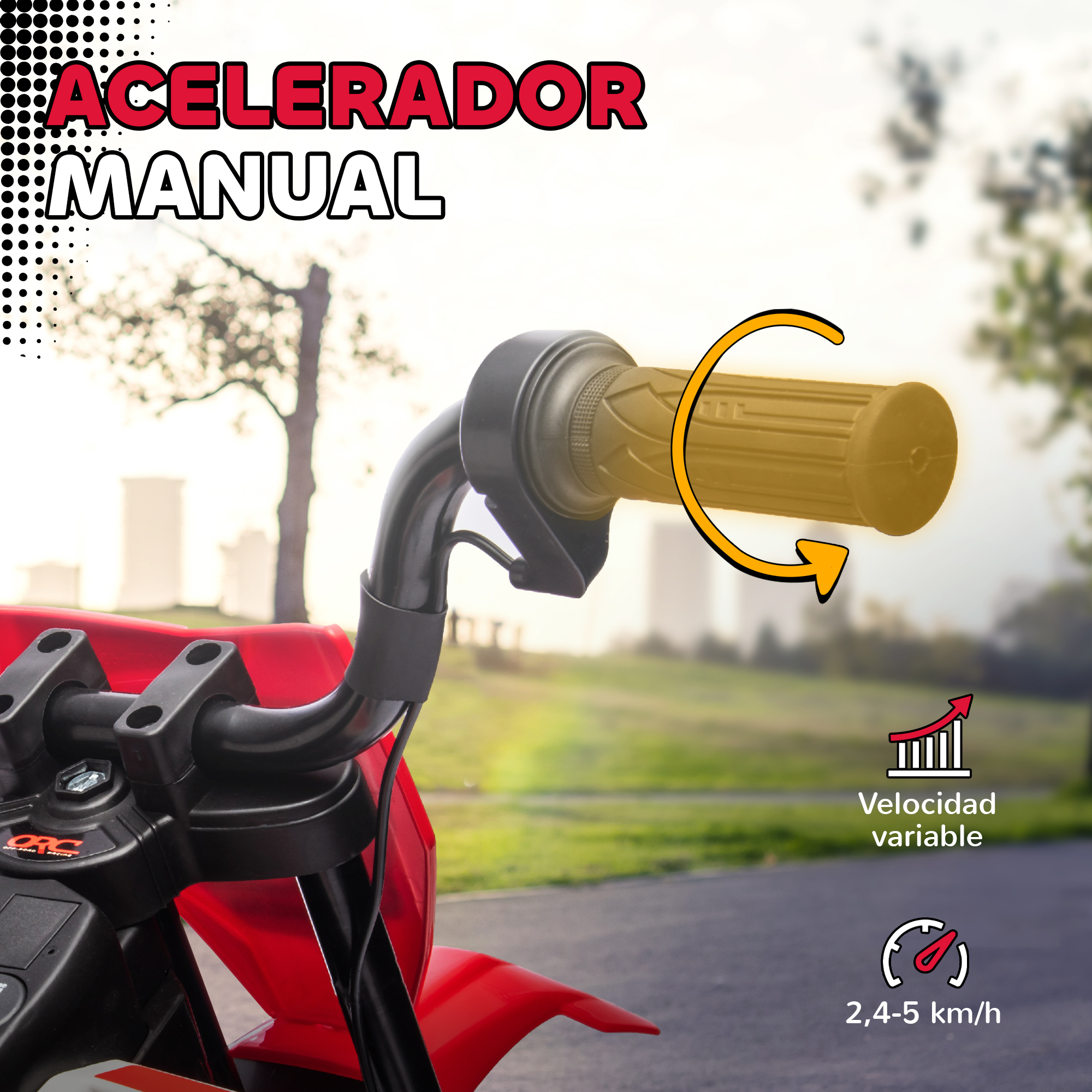 Primer plano de un manillar de moto rojo con puño de acelerador e iconos.