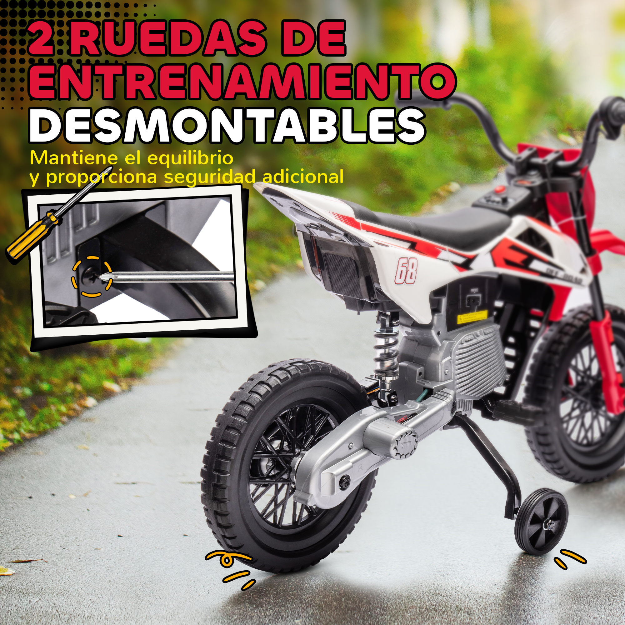 Una motocicleta infantil roja y blanca con ruedas de entrenamiento en un camino.