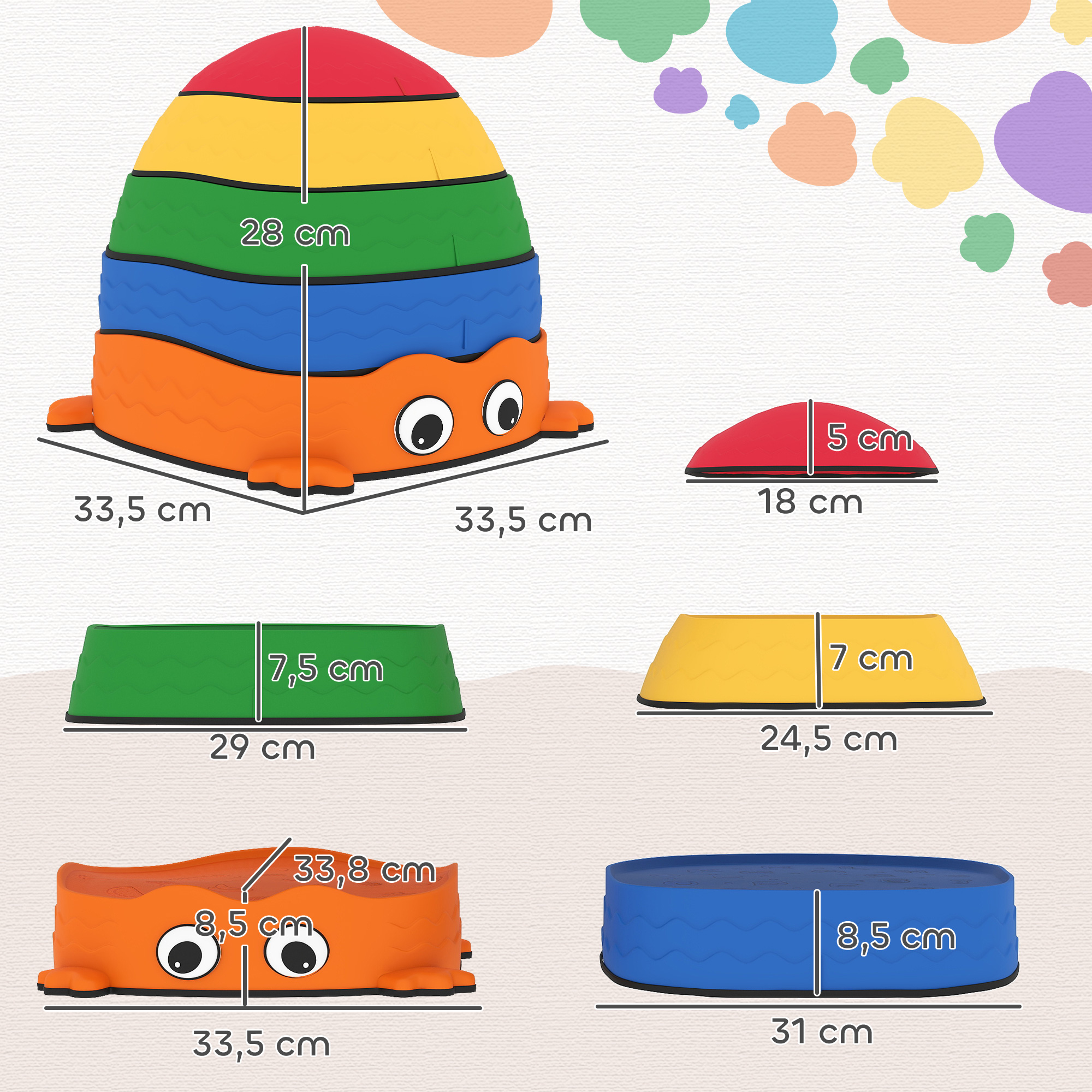 Juguetes educativos infantiles coloridos con indicaciones de tamaño.