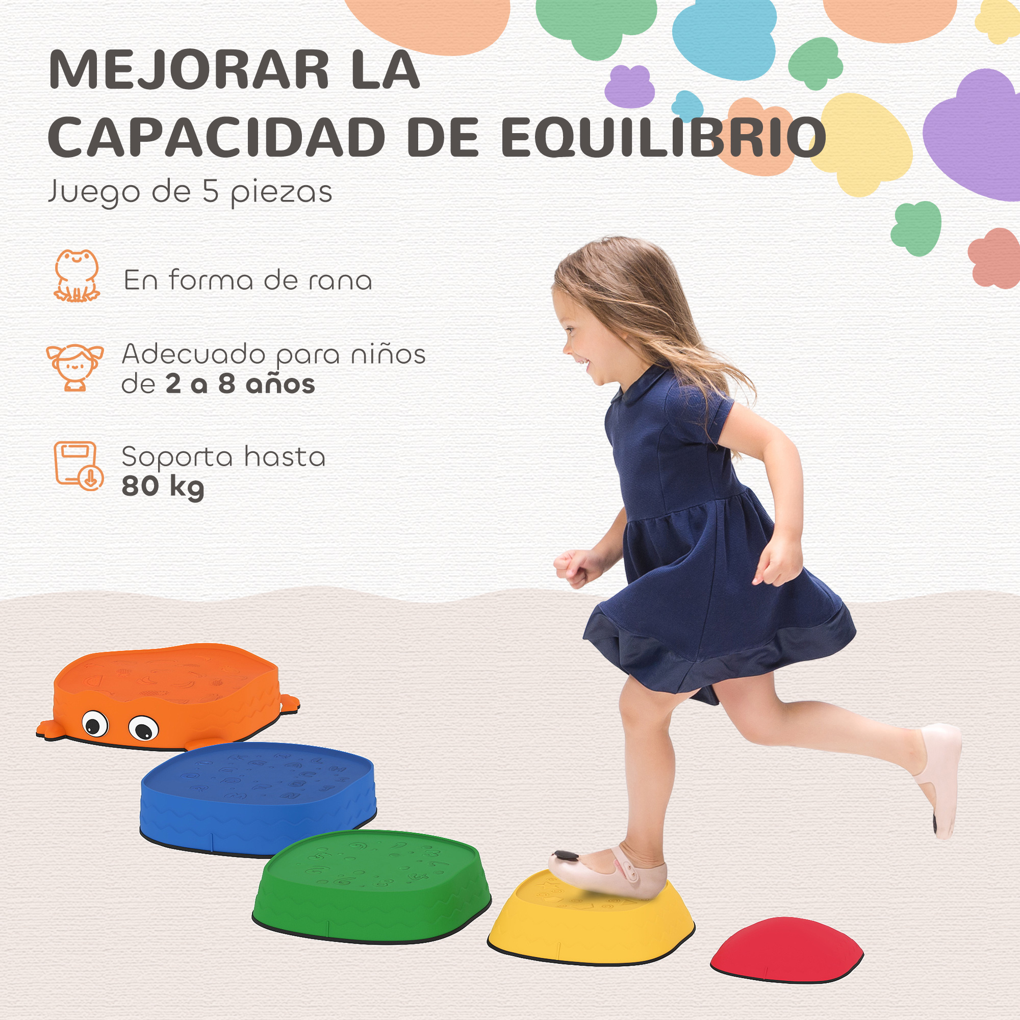 Una niña salta sobre piedras de equilibrio de colores. La primera tiene cara de rana.