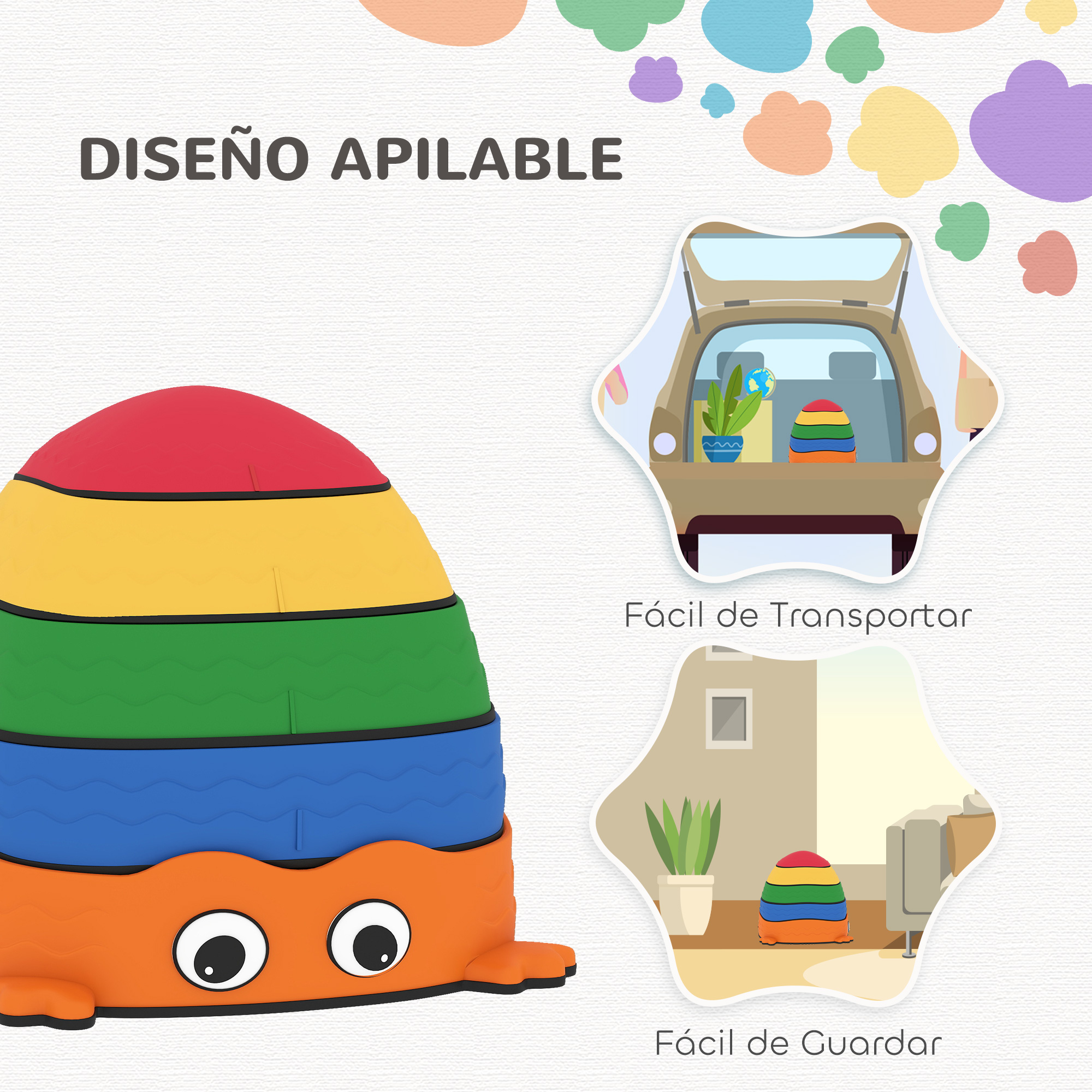 Una colorida torre de juguete apilable con ojos.
