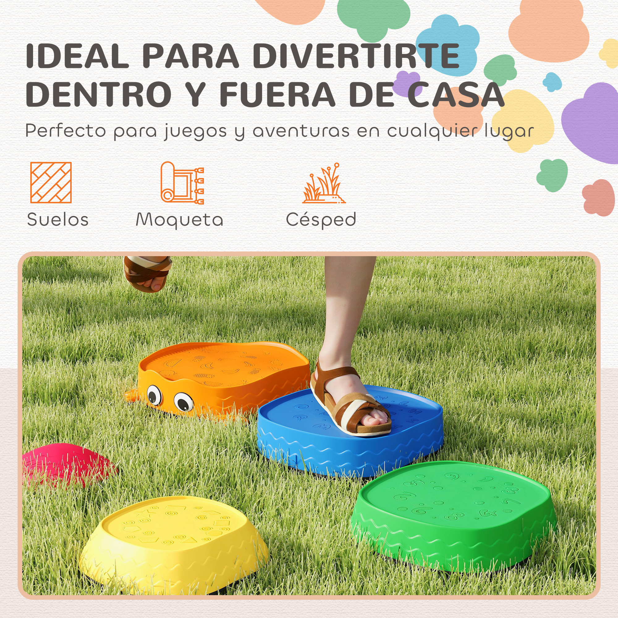 Piedras de paso coloridas en el césped, un niño lleva sandalias.
