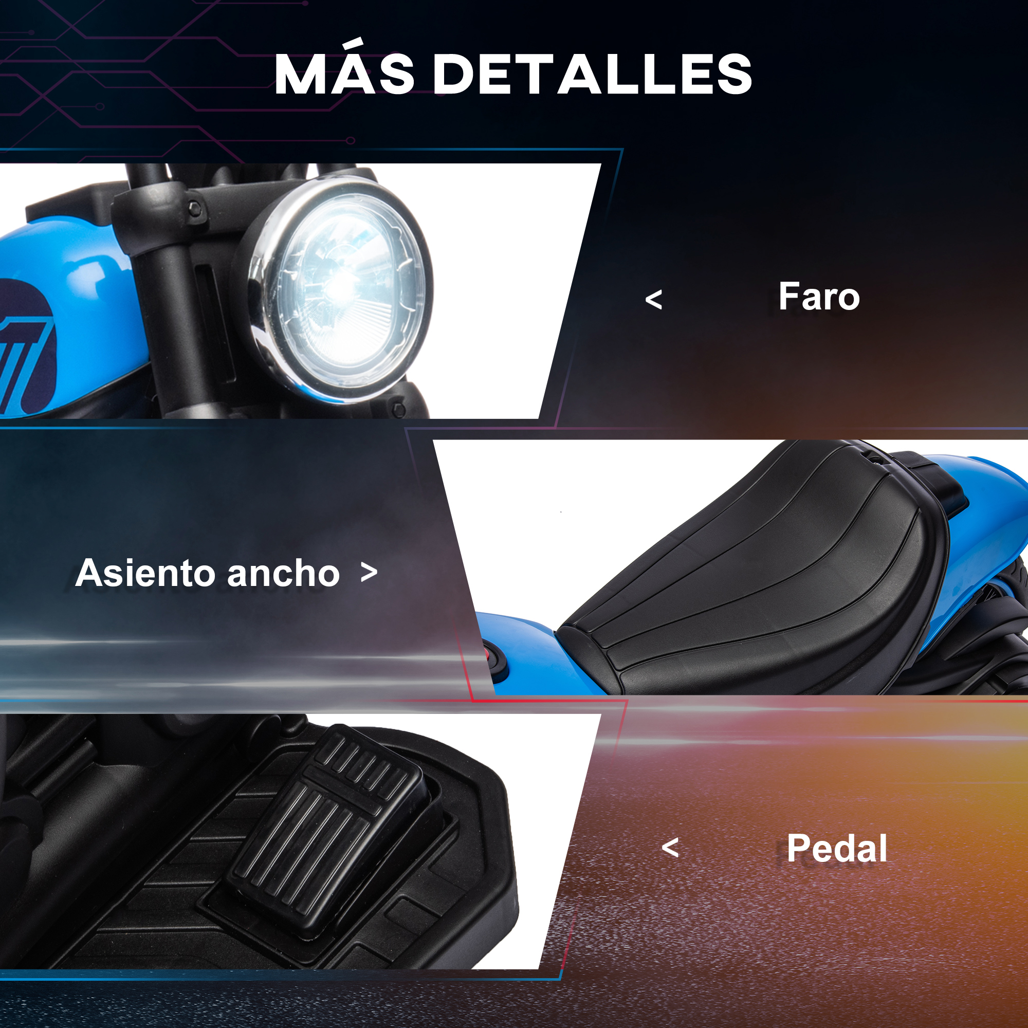 Vehículo eléctrico azul con faro, asiento y pedal.