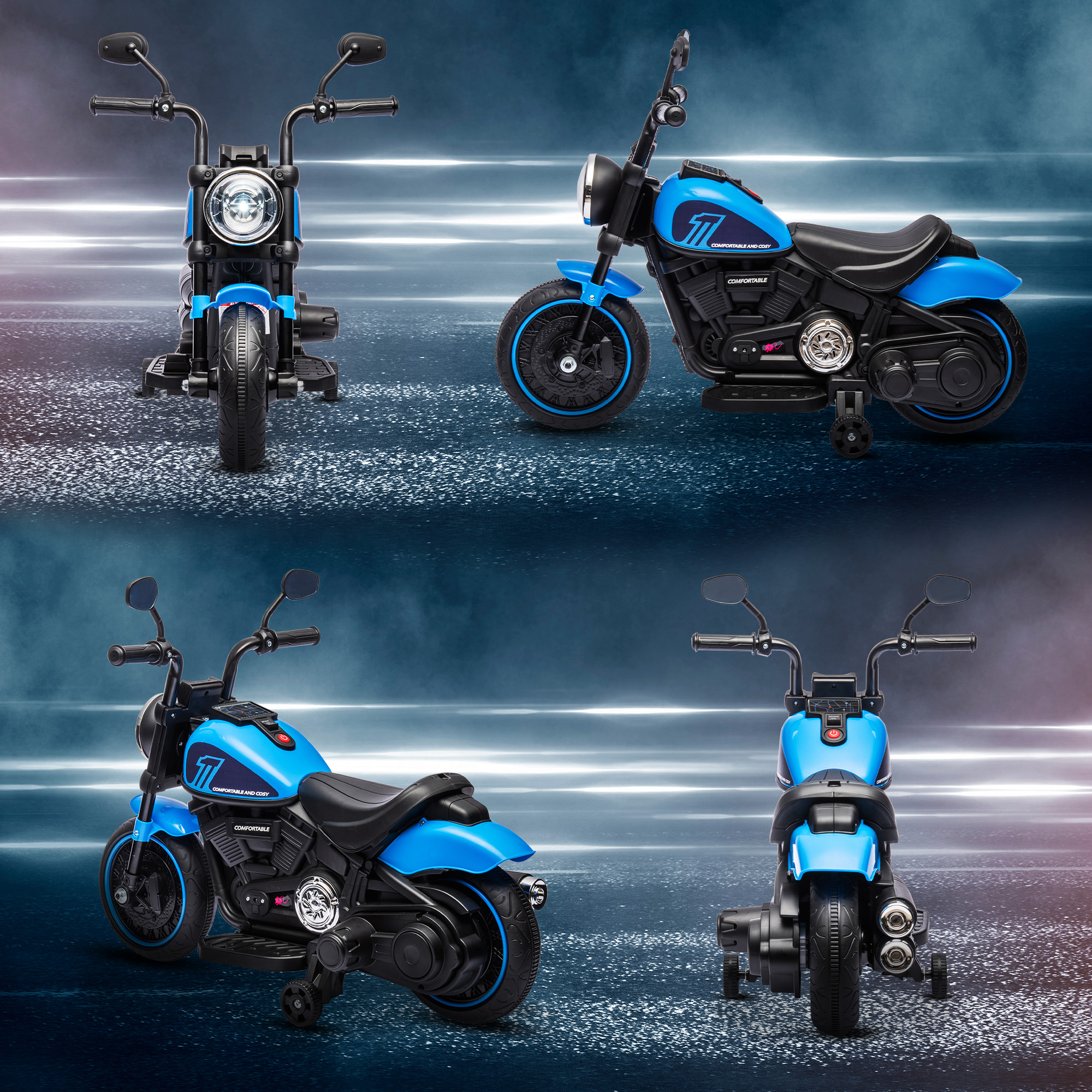 Una motocicleta de juguete azul con ruedas de entrenamiento, faro delantero y espejos.