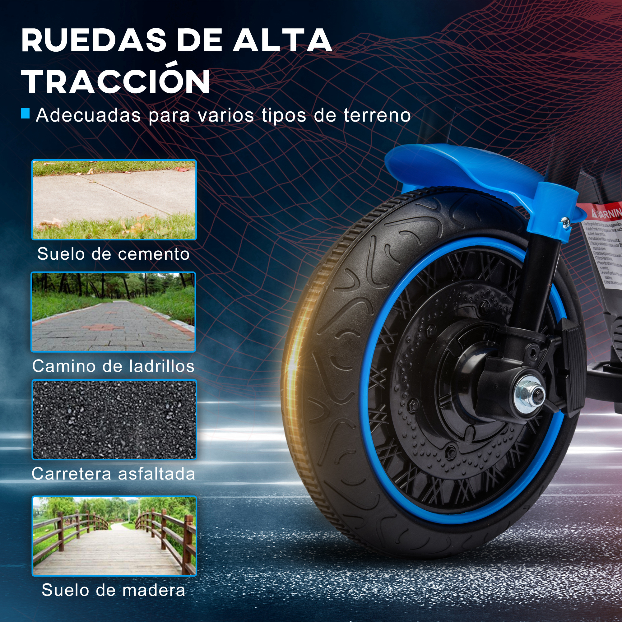 Primer plano de la rueda de un triciclo con texto sobre tracción y superficies.