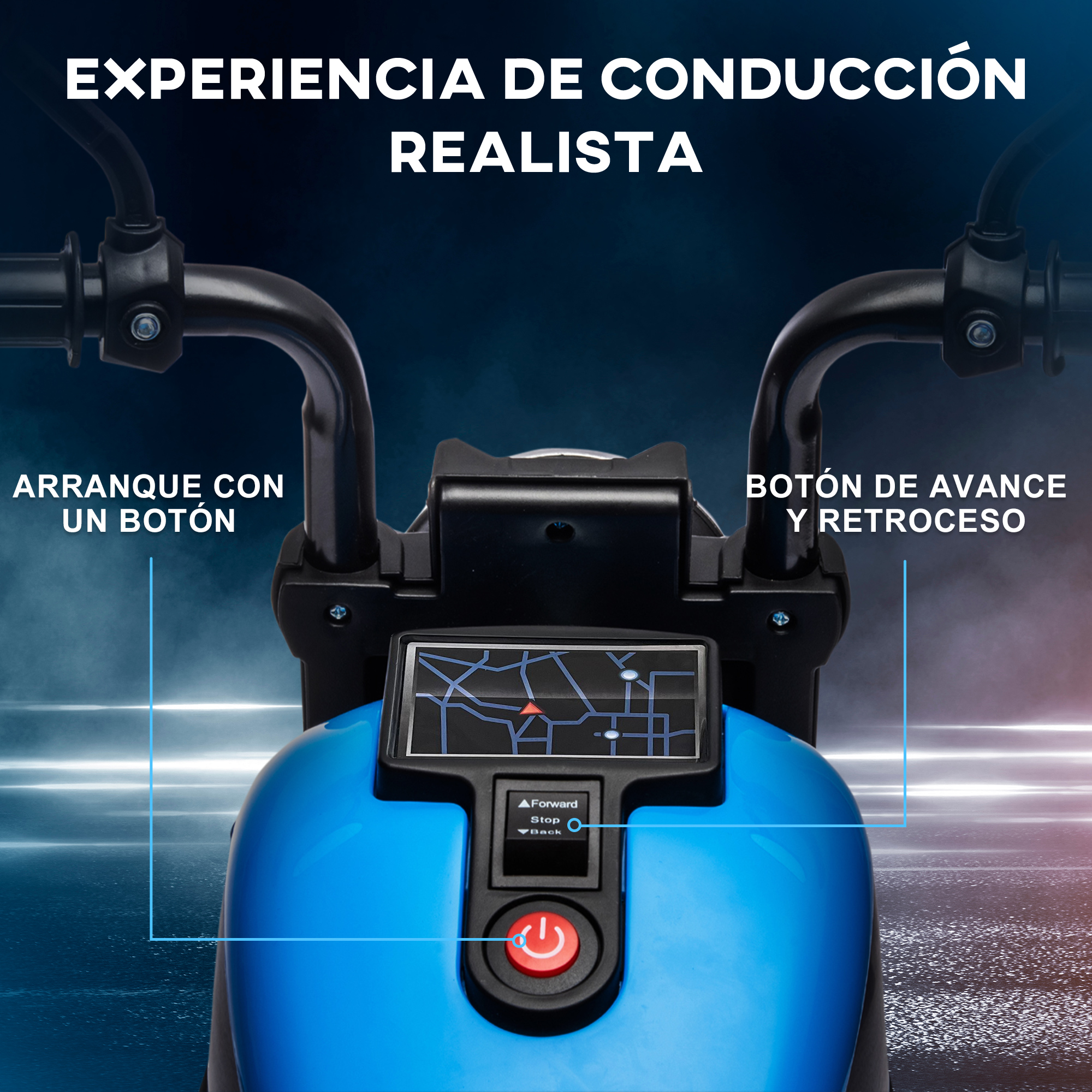 Manillar de moto de juguete azul, pantalla y botón rojo de encendido.