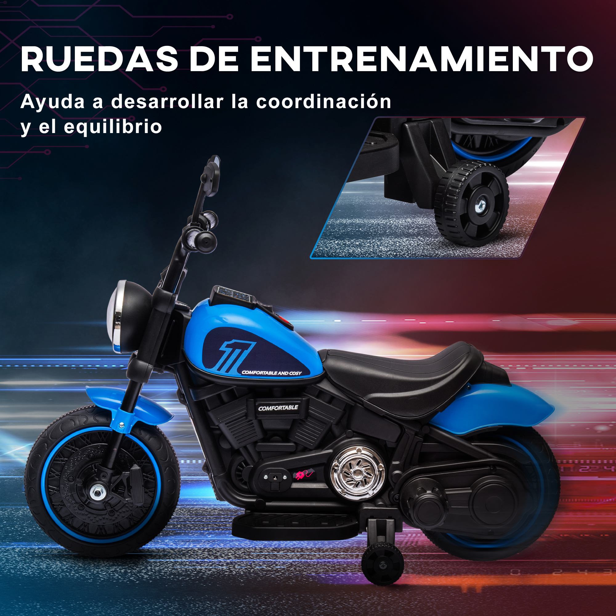Una motocicleta de juguete azul con ruedas de entrenamiento y texto.