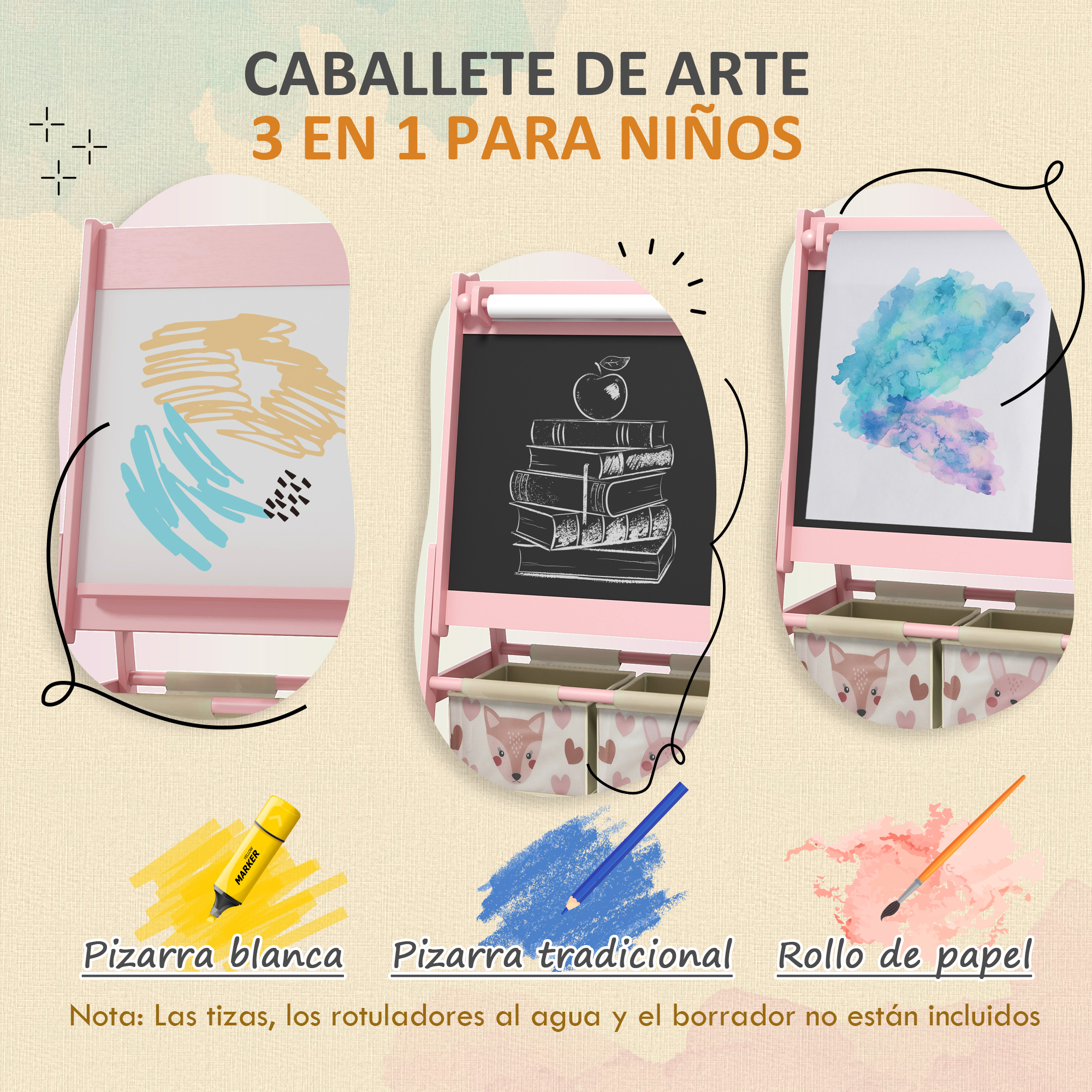 Caballete de arte 3 en 1: Pizarra blanca, pizarra, rollo de papel.