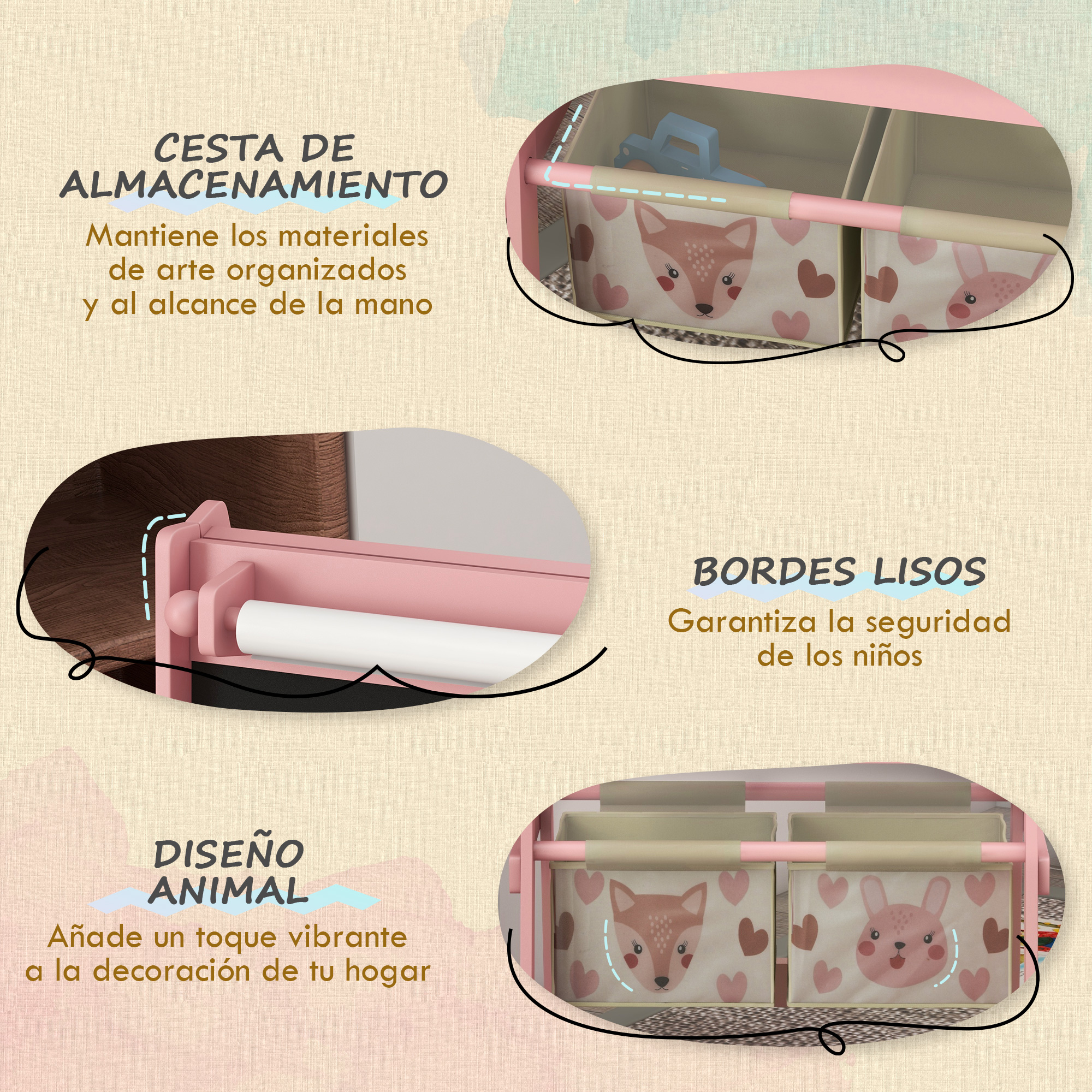 Un estante de almacenamiento rosa con compartimentos decorados con caras de animales y corazones.