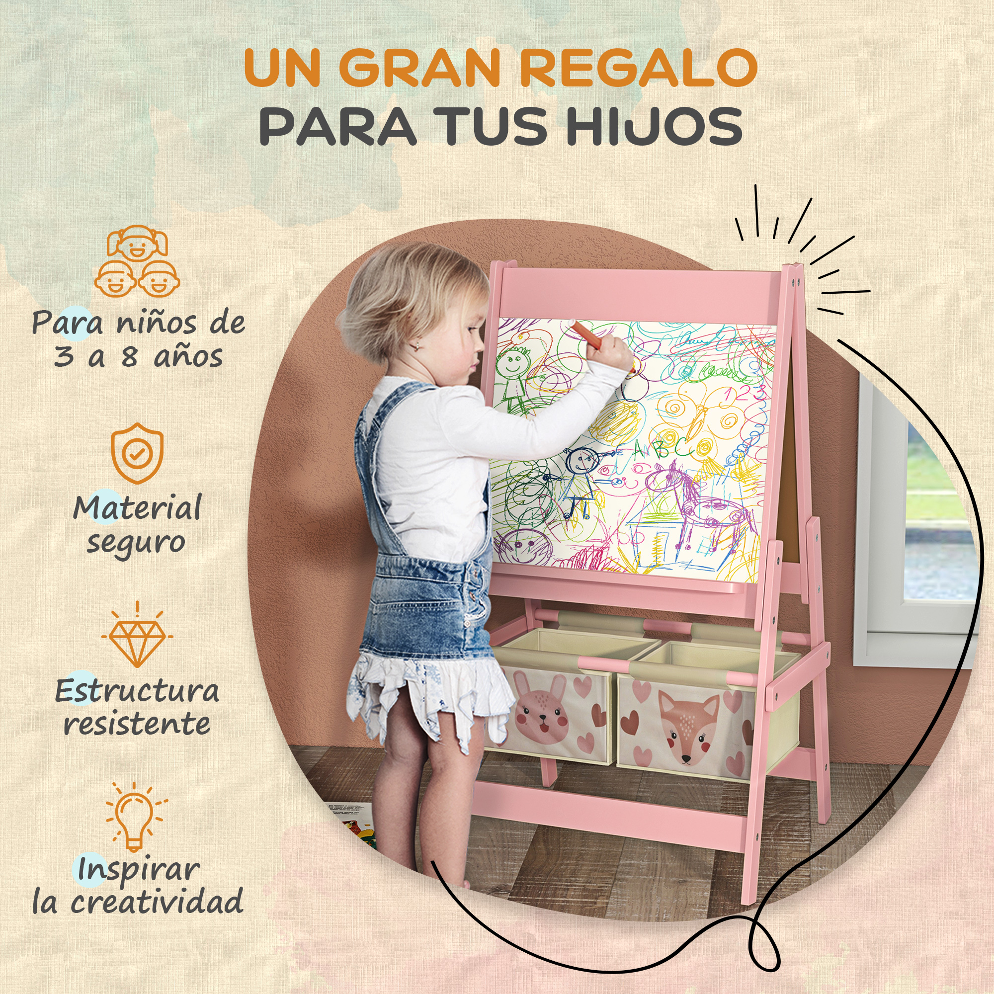 Una niña pequeña dibuja con un crayón rojo en un caballete rosa con contenedores debajo.