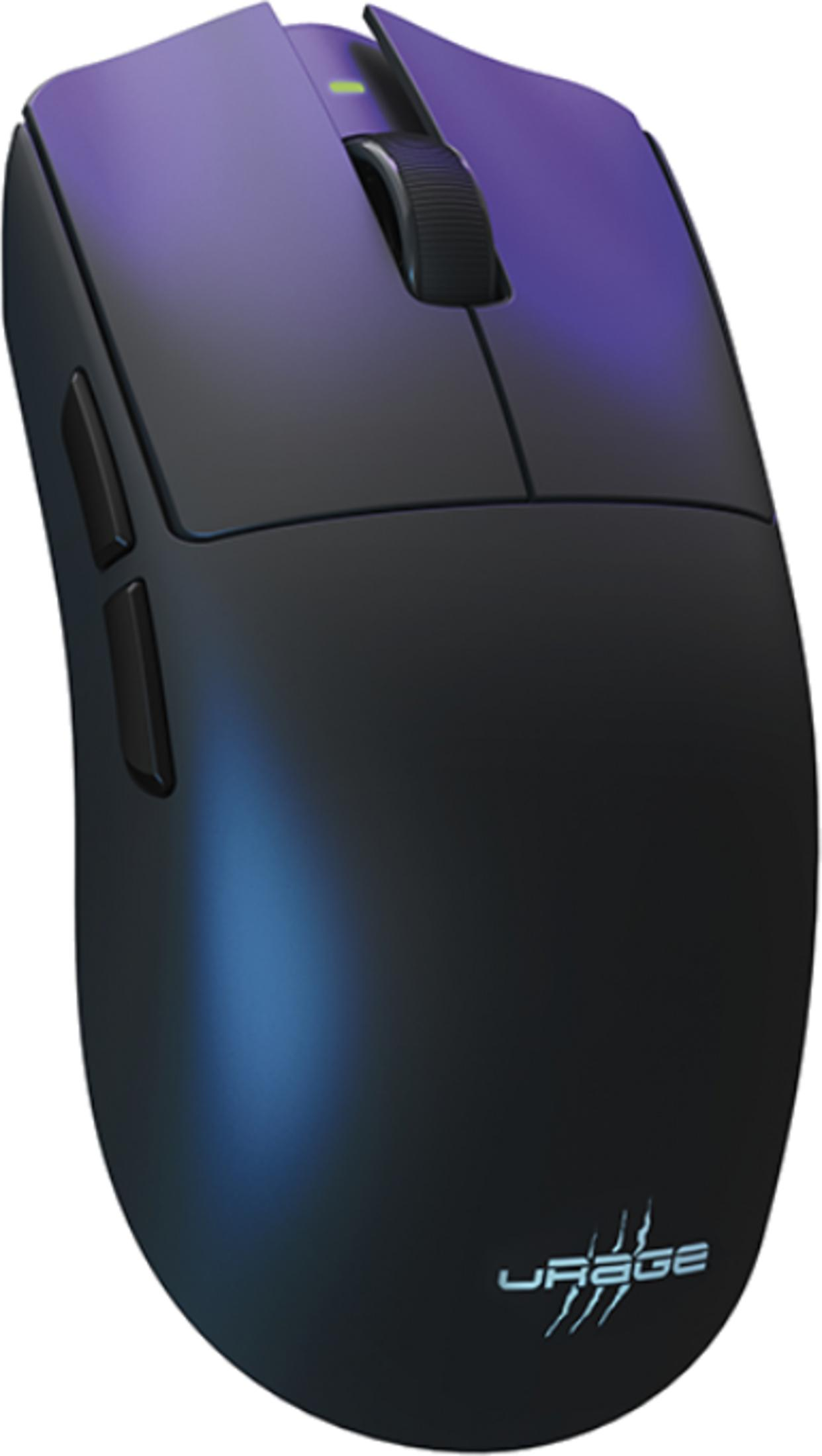 Mouse da gaming nero con accenti viola e blu, rotellina e pulsanti laterali.