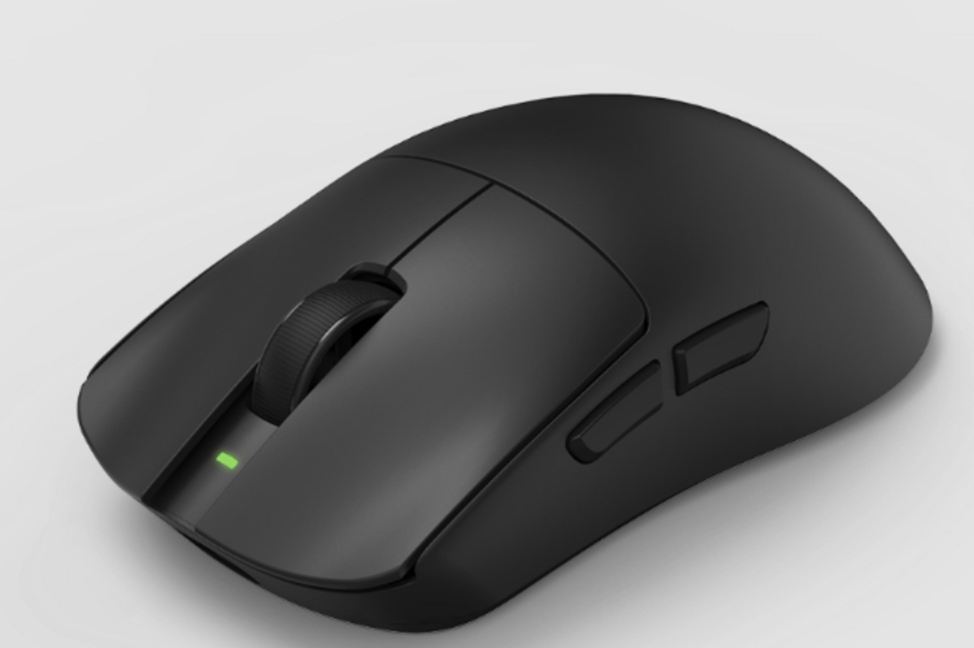 Mouse gaming nero con rotella di scorrimento e LED verde.
