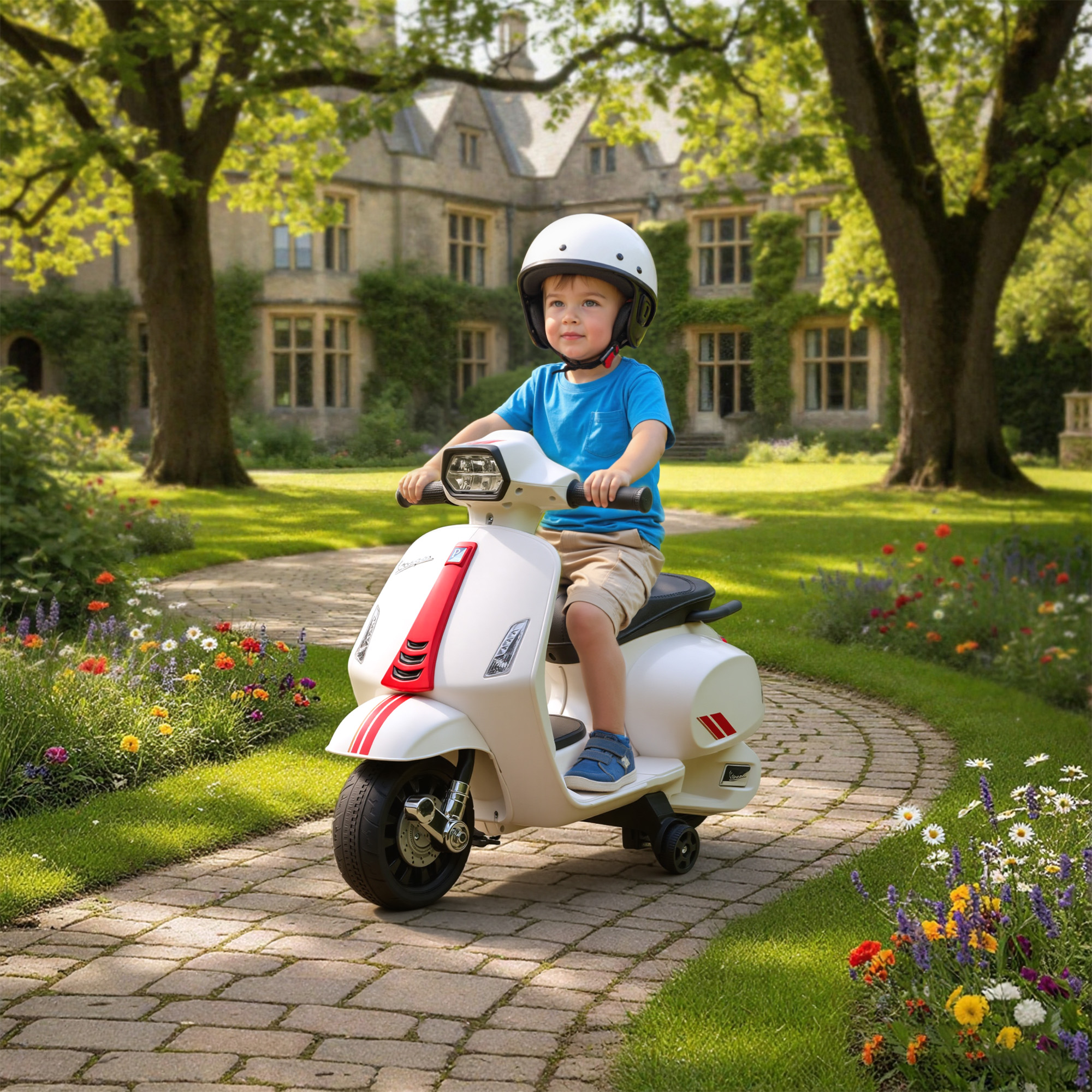 Un niño con casco blanco monta un patinete de juguete blanco por un camino de piedra, con casa y jardín.