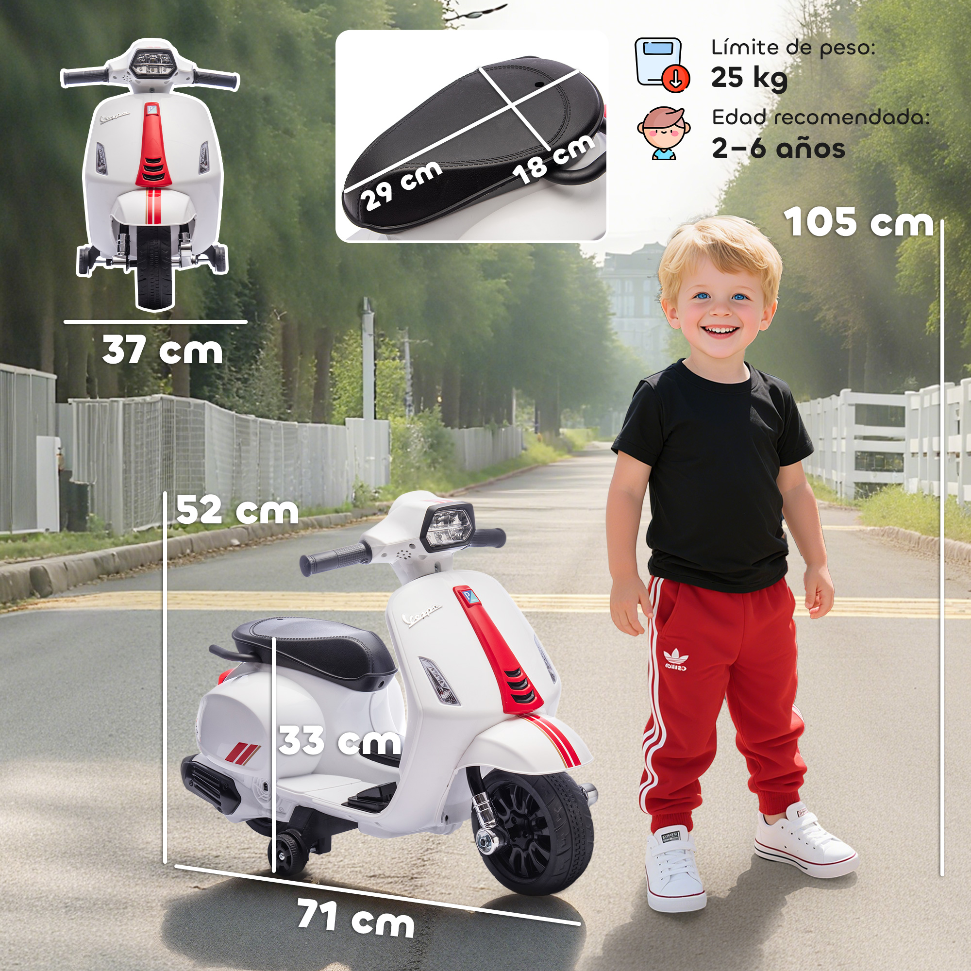 Un niño junto a un patinete blanco con rayas rojas. Se muestran las dimensiones.