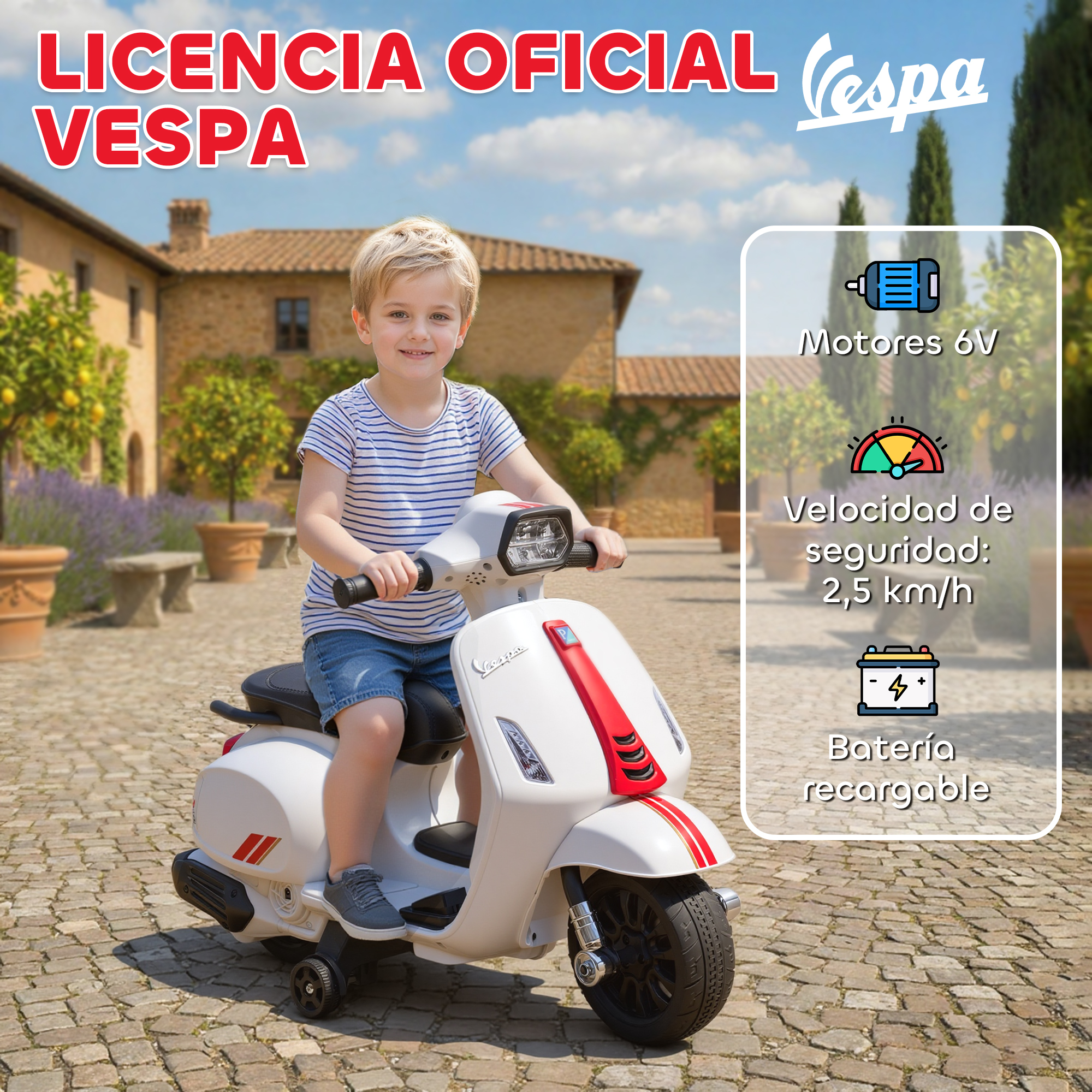 Un niño monta un patinete Vespa blanco con detalles rojos al aire libre.