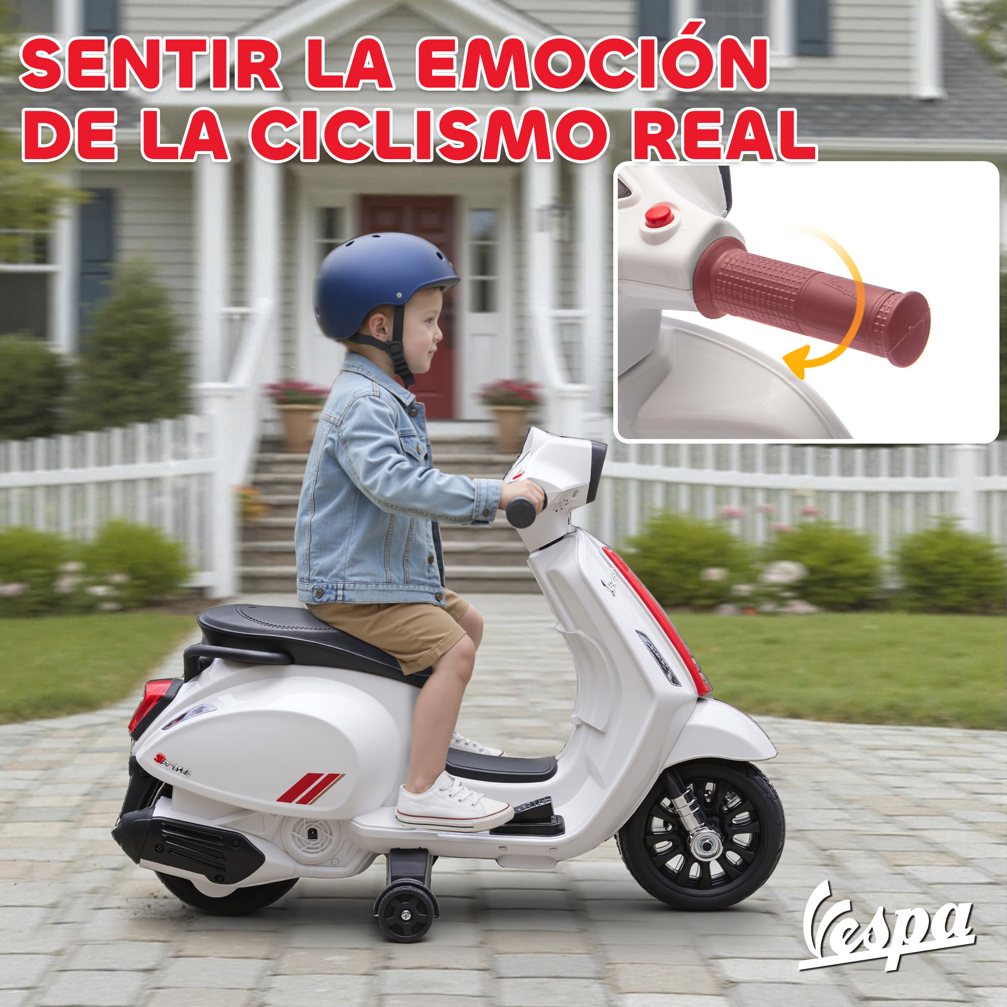 Un niño pequeño monta un patinete Vespa de juguete blanco con casco azul.