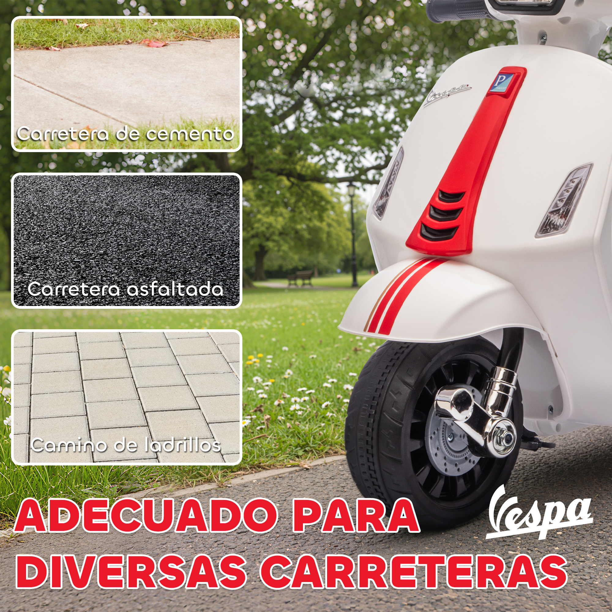 Un scooter blanco con rayas rojas al aire libre. Muestra cemento, asfalto y caminos de ladrillos.