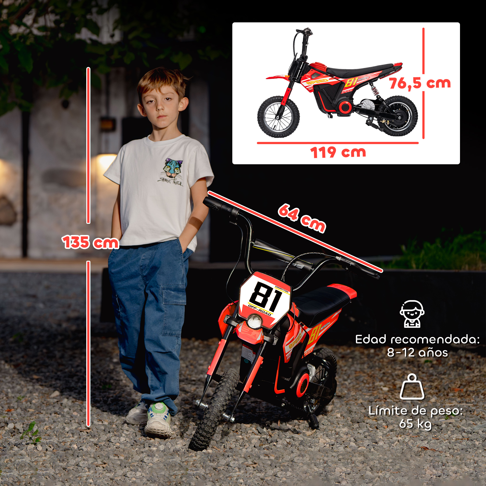 Un niño junto a una moto eléctrica roja. Se muestran las dimensiones.