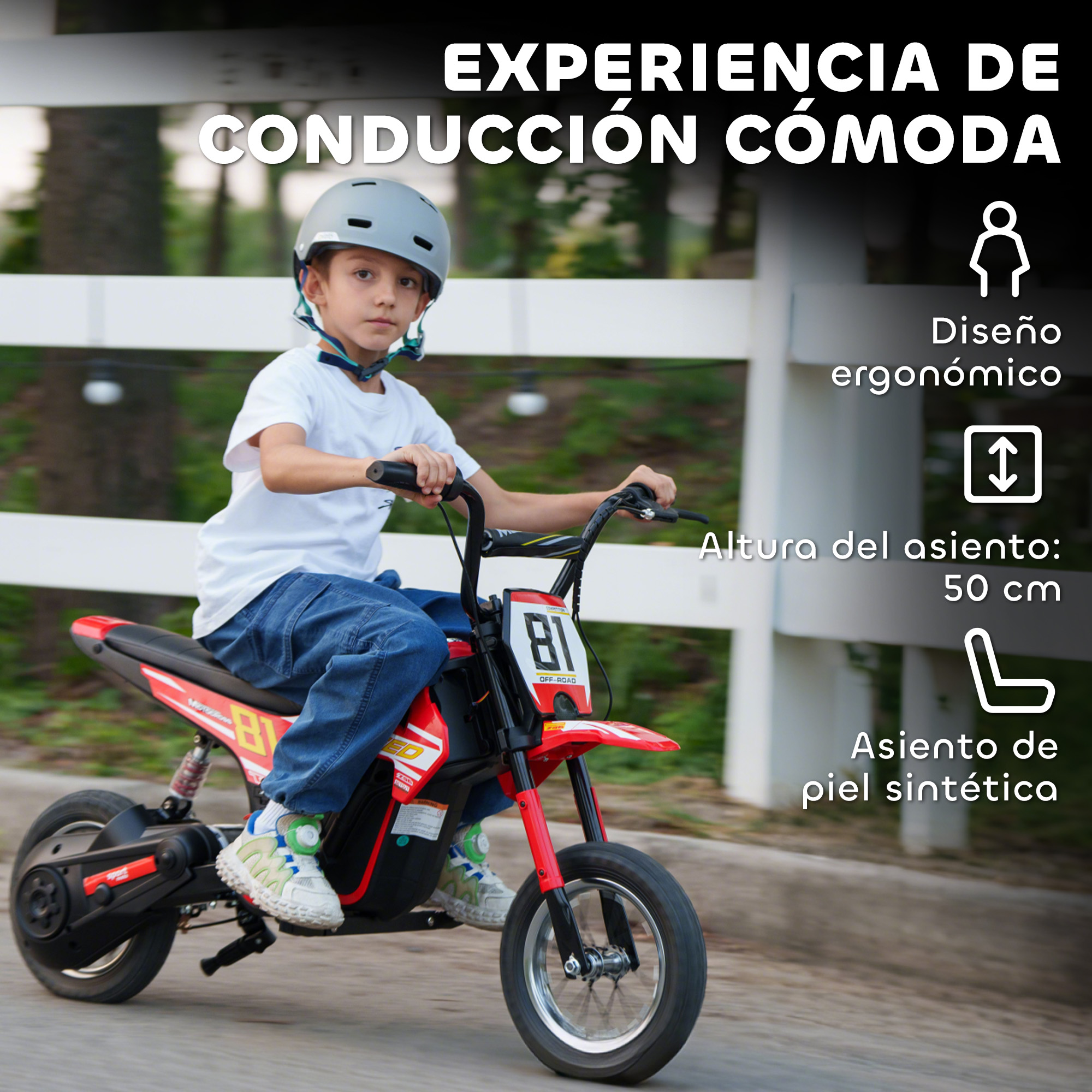 Un niño con casco monta una moto de cross eléctrica roja en una carretera.