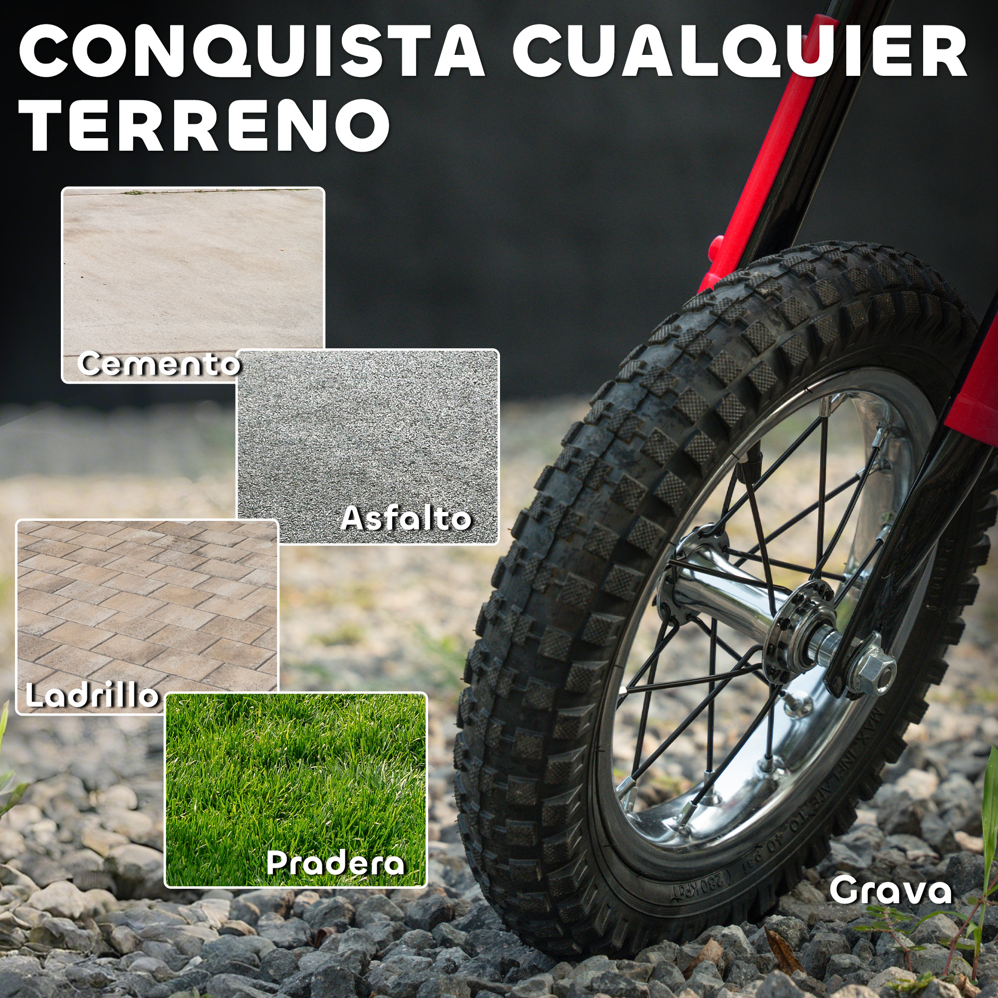 Primer plano de la rueda de una bicicleta sobre grava, con imágenes de cemento, asfalto, ladrillo y césped.