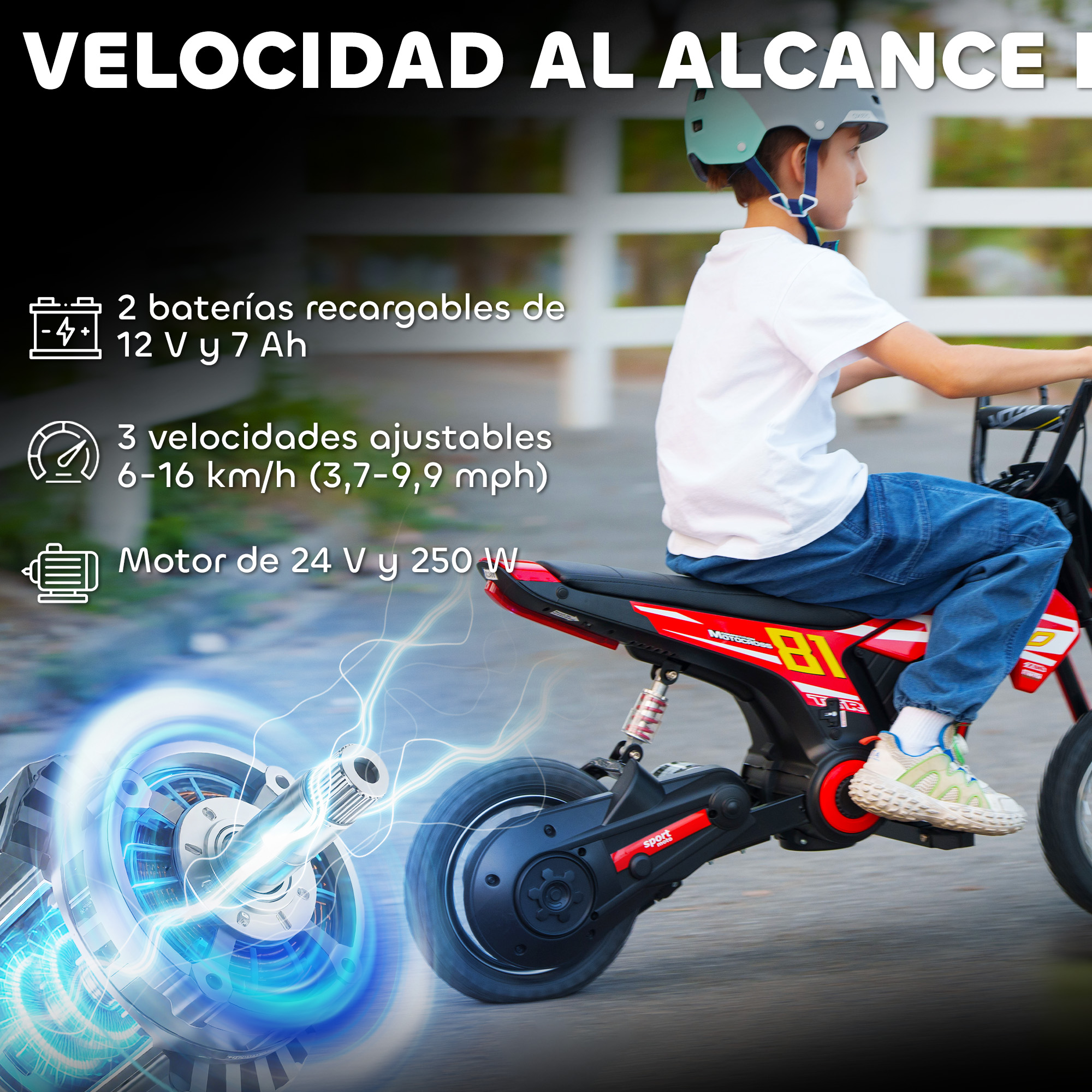 Un niño con casco monta una motocicleta eléctrica roja con motor brillante.
